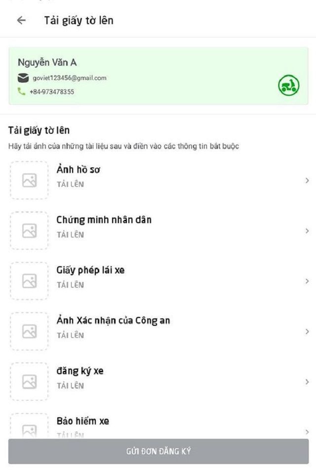 Load ảnh chụp hồ sơ đăng ký chạy Gojek