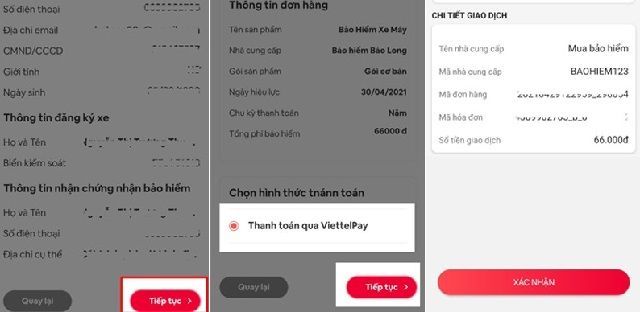 Kiểm tra lại thông tin rồi tiến hành thanh toán phí mua bảo hiểm cho xe máy