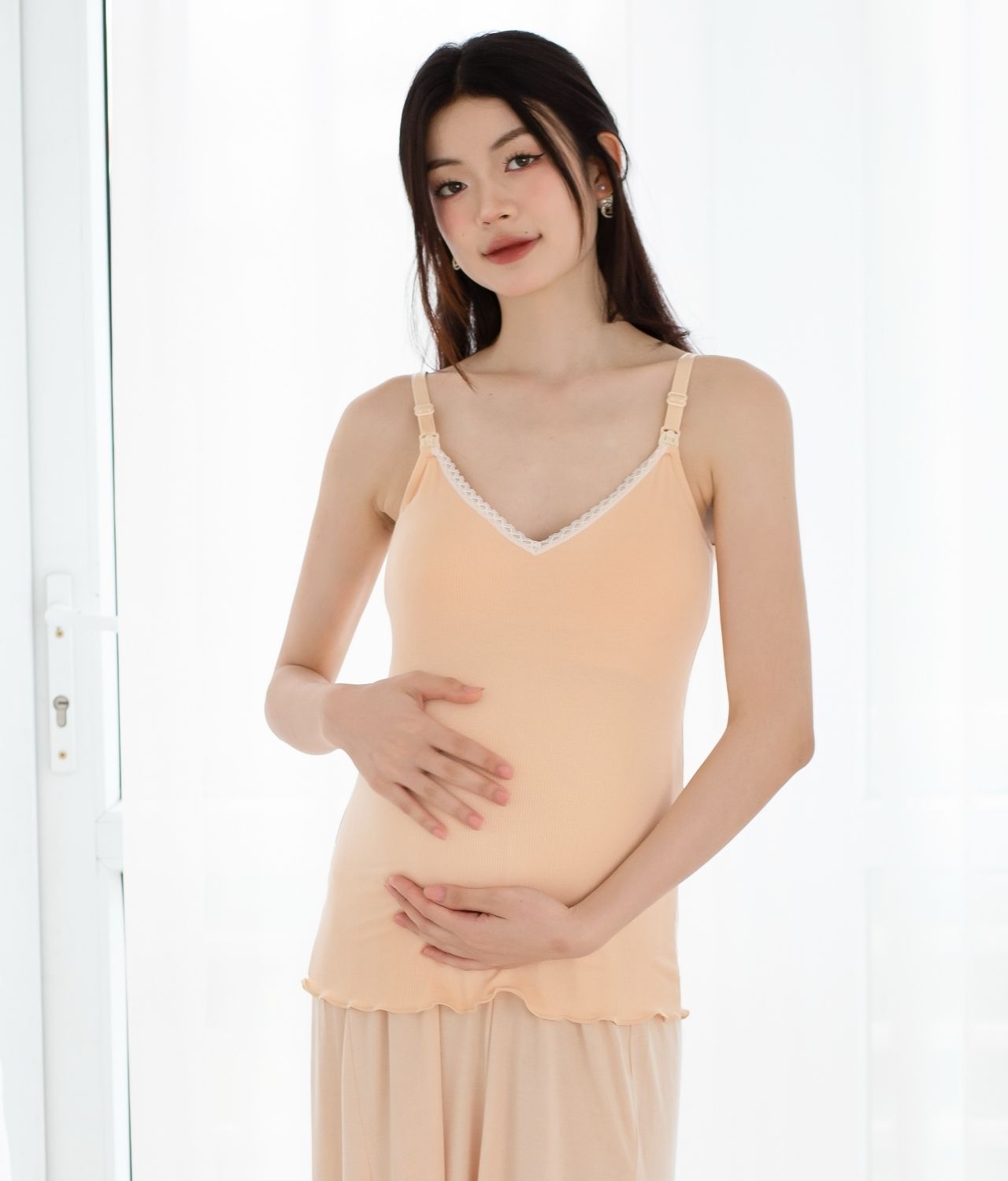 Áo hai dây thun gân viền ren cho mẹ bầu