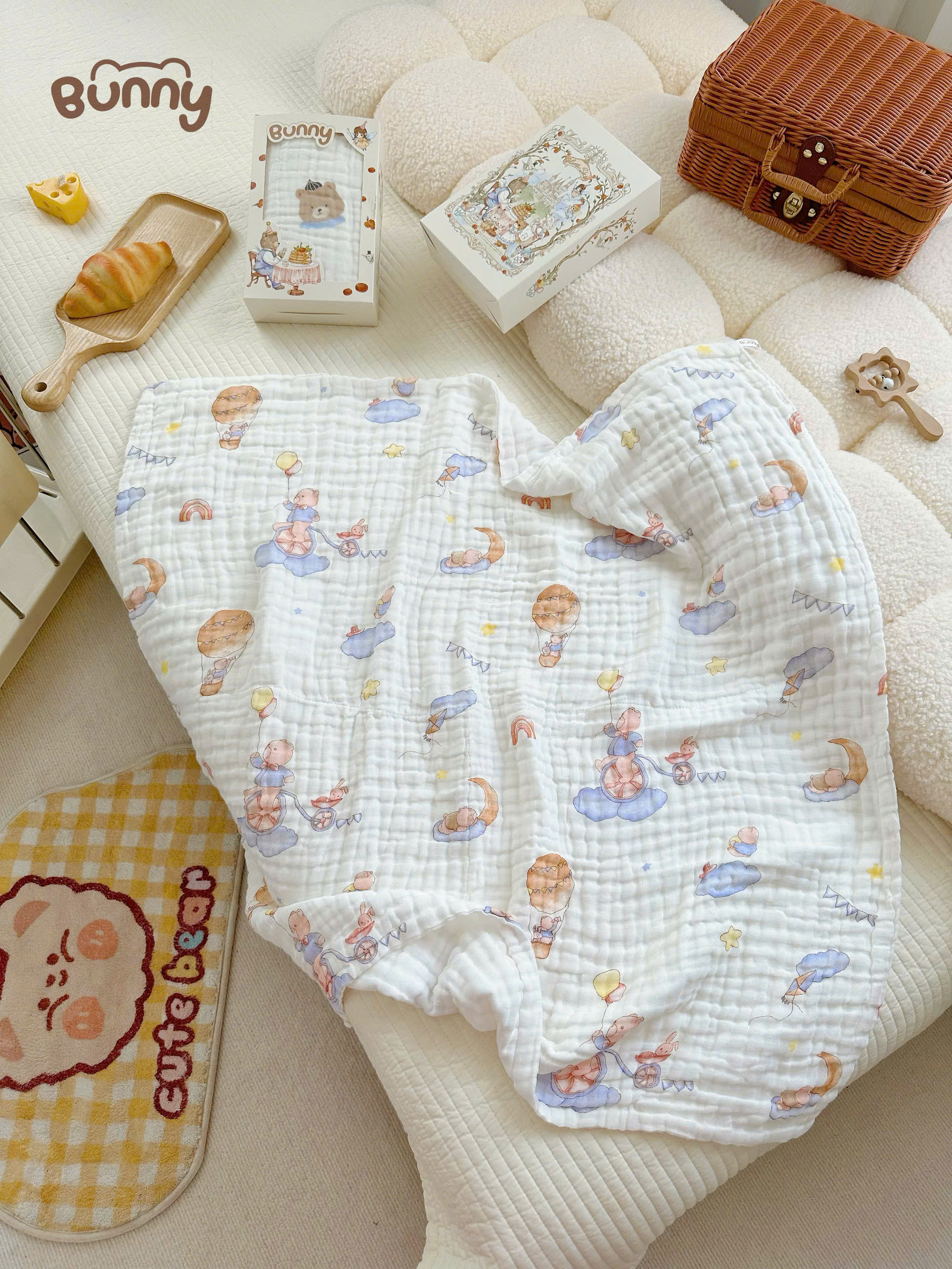 (Không hộp) Khăn tắm cho bé Bunny phiên bản cổ tích vải xô mềm mịn, thấm hút tốt, giặt nhanh khô, càng giặt càng mềm an toàn tuyệt đối cho da bé