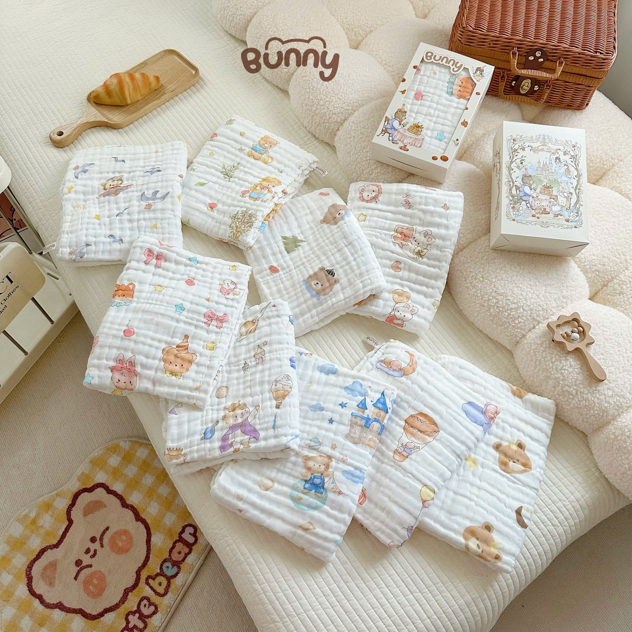 (Không hộp) Khăn tắm cho bé Bunny phiên bản cổ tích vải xô mềm mịn, thấm hút tốt, giặt nhanh khô, càng giặt càng mềm an toàn tuyệt đối cho da bé