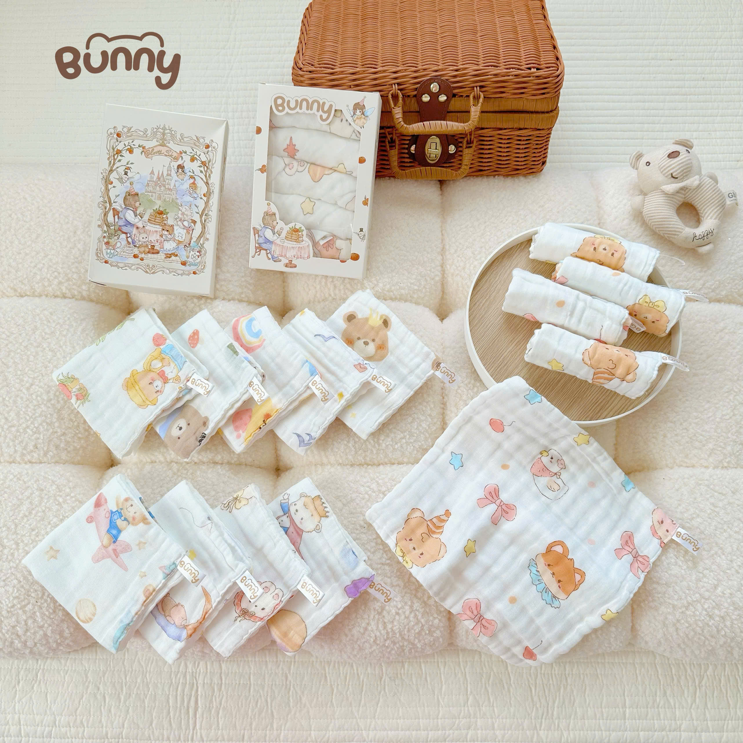 (Không hộp) Set 5 khăn sữa cho bé Bunny phiên bản cổ tích vải xô 6 lớp mềm mịn, thấm hút tốt, giặt nhanh khô, càng giặt càng mềm an toàn tuyệt đối cho da bé