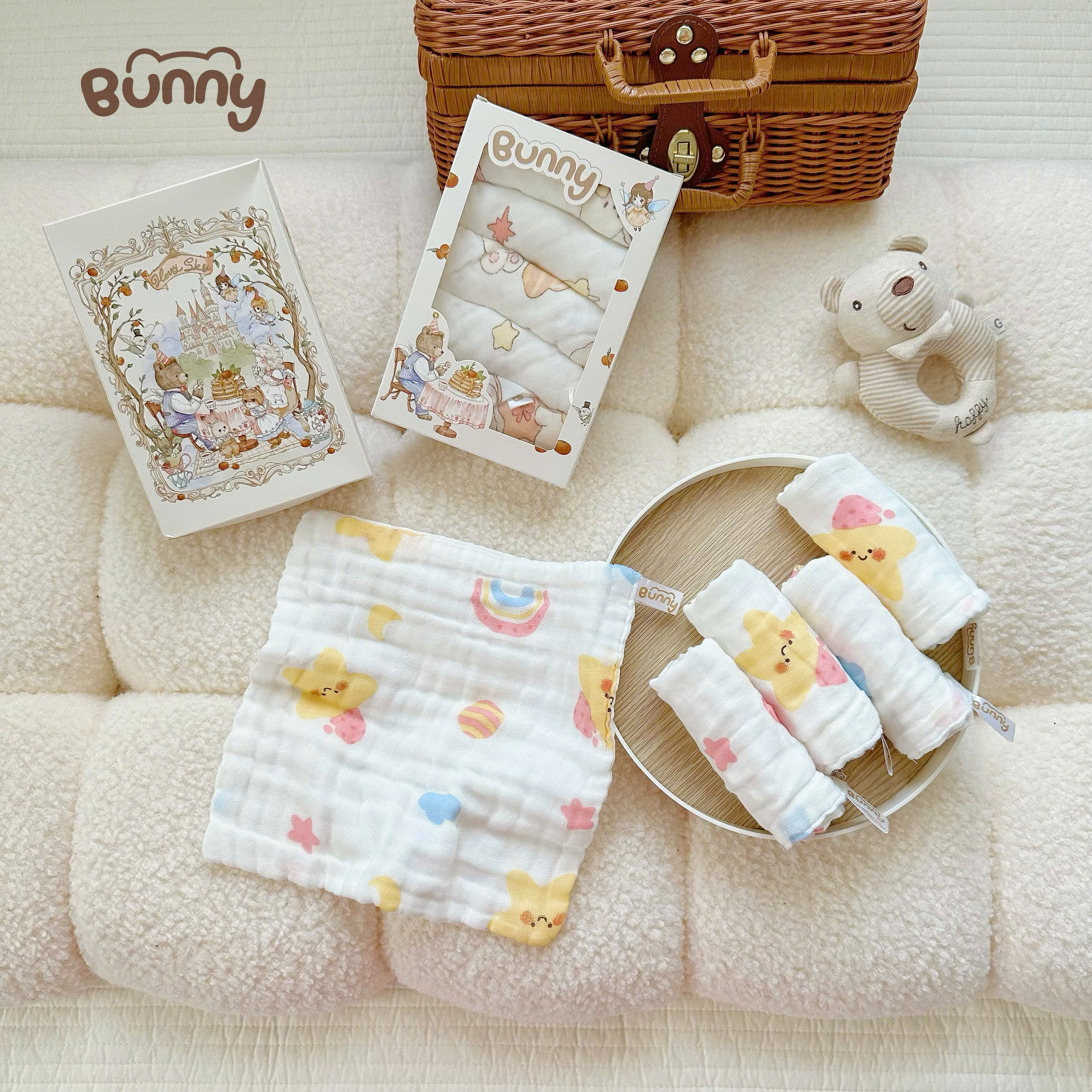 (Không hộp) Set 5 khăn sữa cho bé Bunny phiên bản cổ tích vải xô 6 lớp mềm mịn, thấm hút tốt, giặt nhanh khô, càng giặt càng mềm an toàn tuyệt đối cho da bé