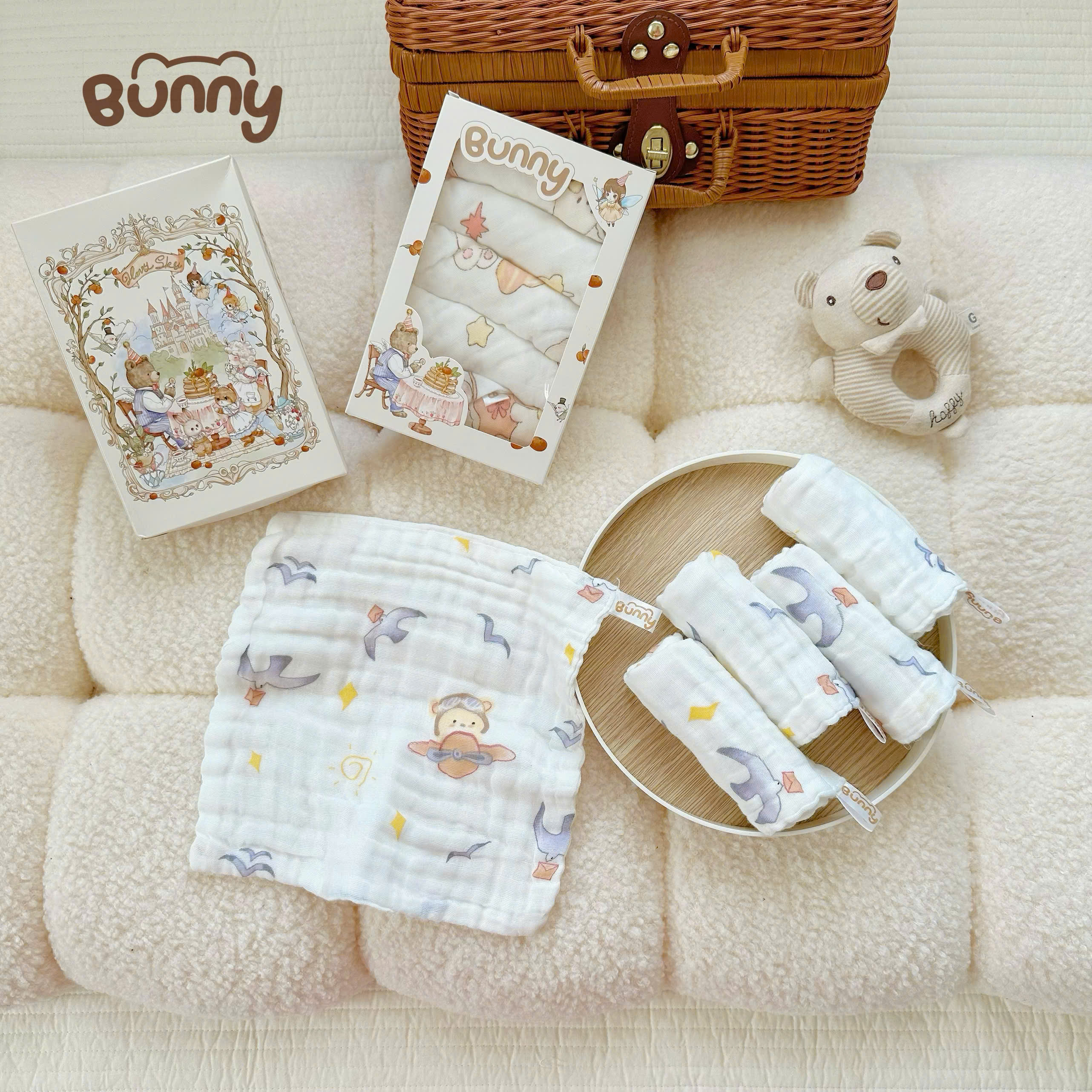 (Không hộp) Set 5 khăn sữa cho bé Bunny phiên bản cổ tích vải xô 6 lớp mềm mịn, thấm hút tốt, giặt nhanh khô, càng giặt càng mềm an toàn tuyệt đối cho da bé
