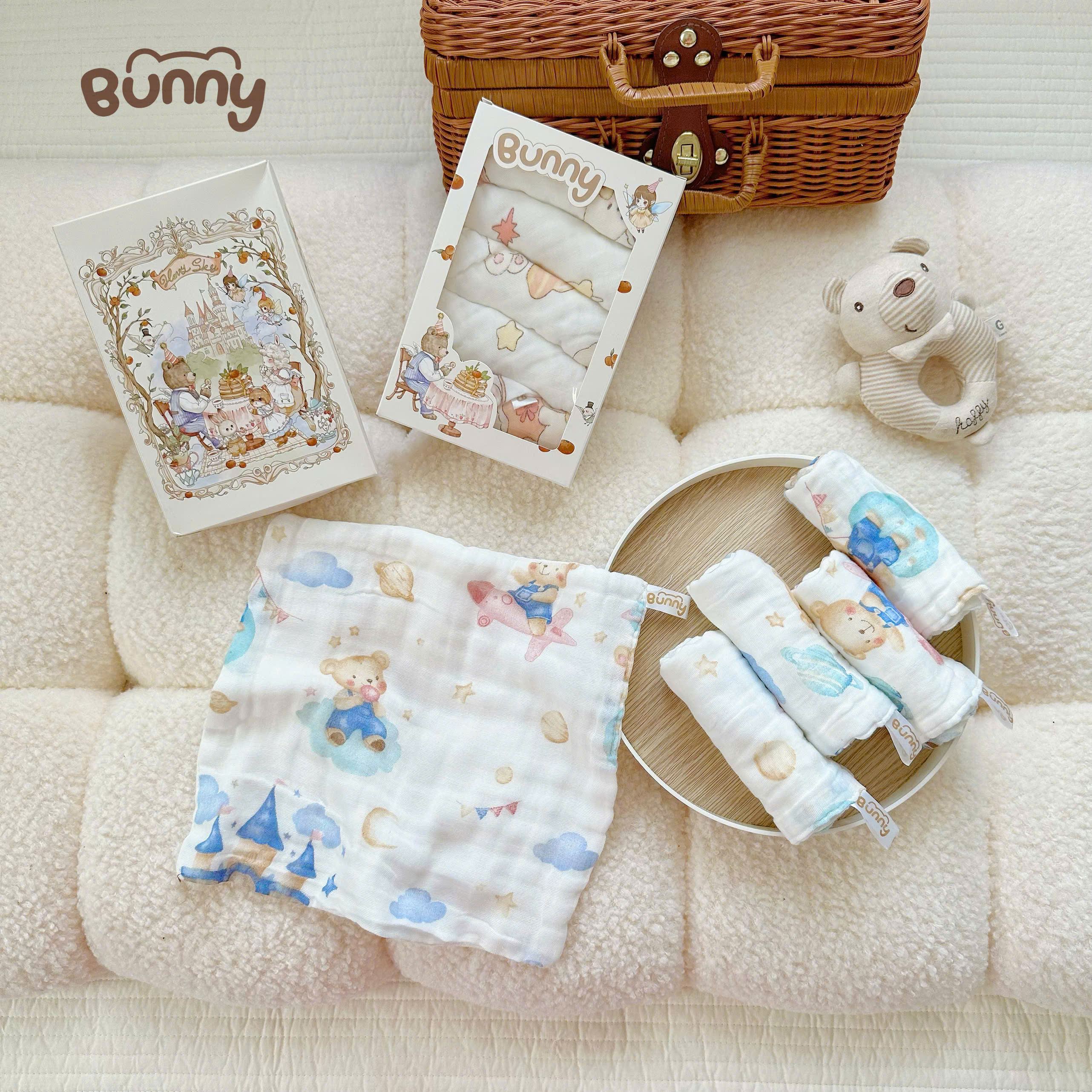(Không hộp) Set 5 khăn sữa cho bé Bunny phiên bản cổ tích vải xô 6 lớp mềm mịn, thấm hút tốt, giặt nhanh khô, càng giặt càng mềm an toàn tuyệt đối cho da bé