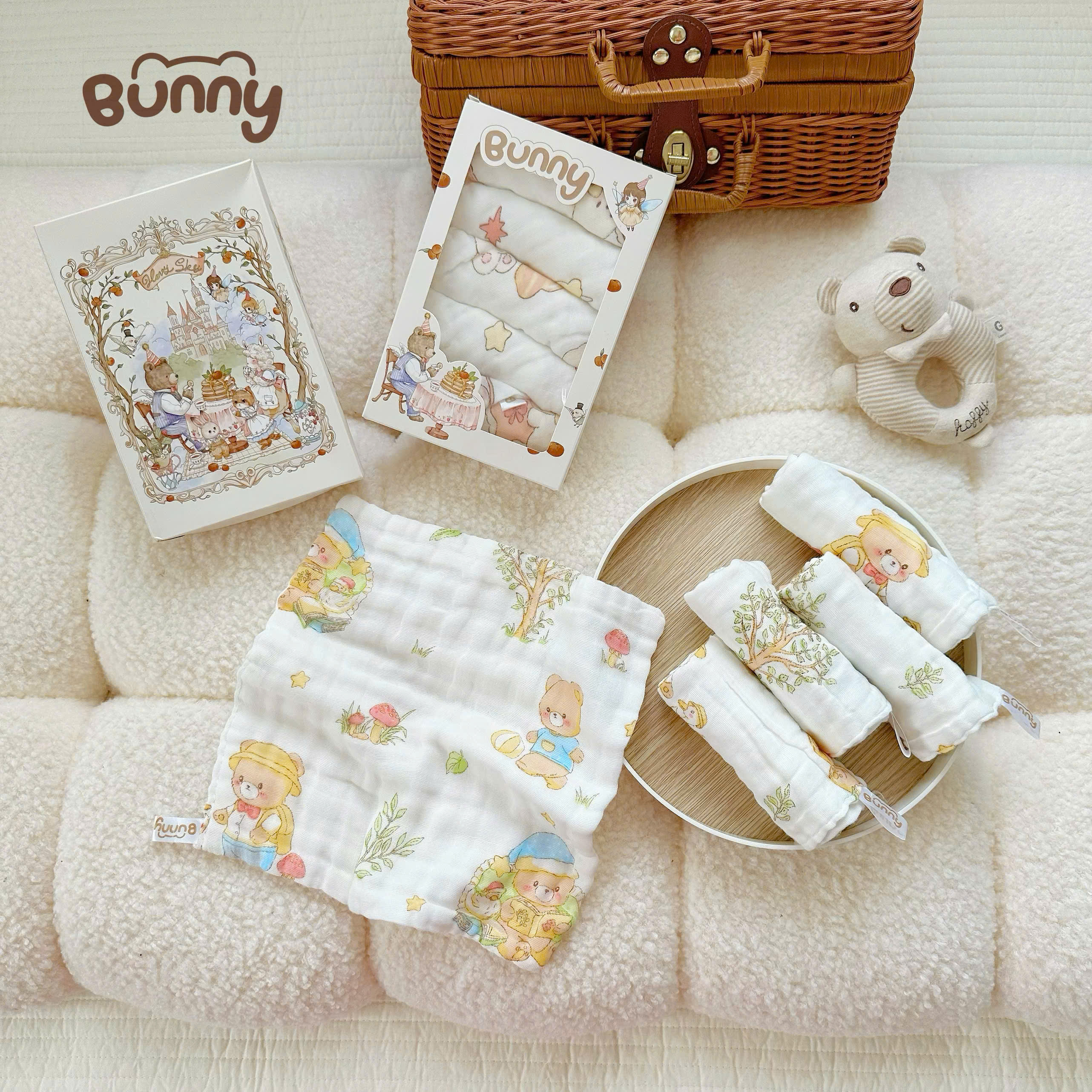 (Không hộp) Set 5 khăn sữa cho bé Bunny phiên bản cổ tích vải xô 6 lớp mềm mịn, thấm hút tốt, giặt nhanh khô, càng giặt càng mềm an toàn tuyệt đối cho da bé