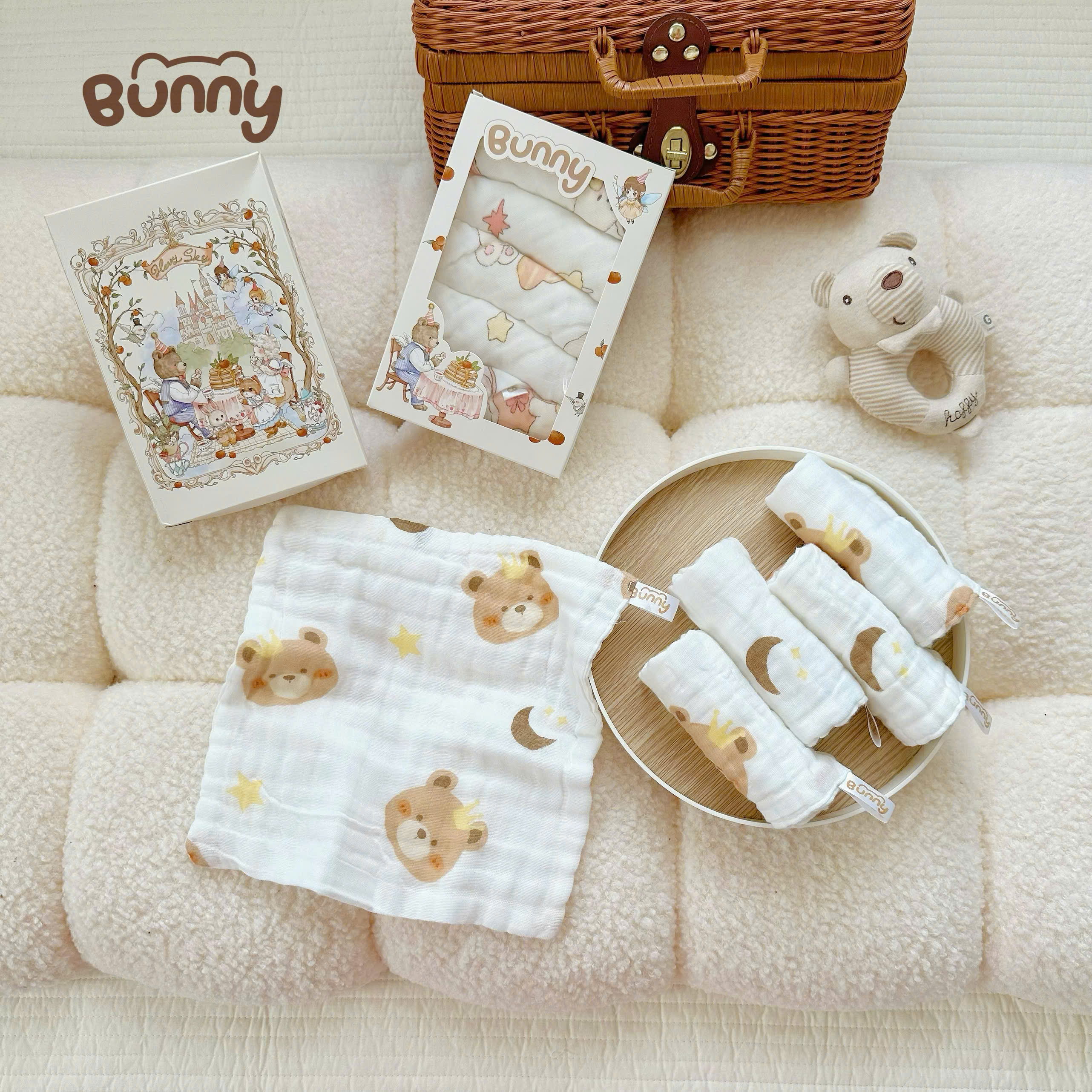 (Không hộp) Set 5 khăn sữa cho bé Bunny phiên bản cổ tích vải xô 6 lớp mềm mịn, thấm hút tốt, giặt nhanh khô, càng giặt càng mềm an toàn tuyệt đối cho da bé
