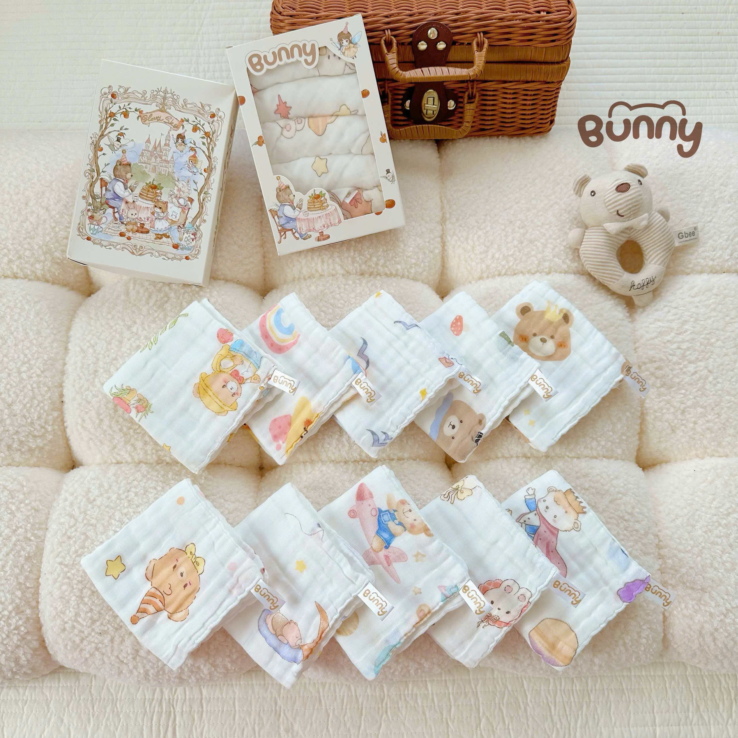 (Không hộp) Set 5 khăn sữa cho bé Bunny phiên bản cổ tích vải xô 6 lớp mềm mịn, thấm hút tốt, giặt nhanh khô, càng giặt càng mềm an toàn tuyệt đối cho da bé