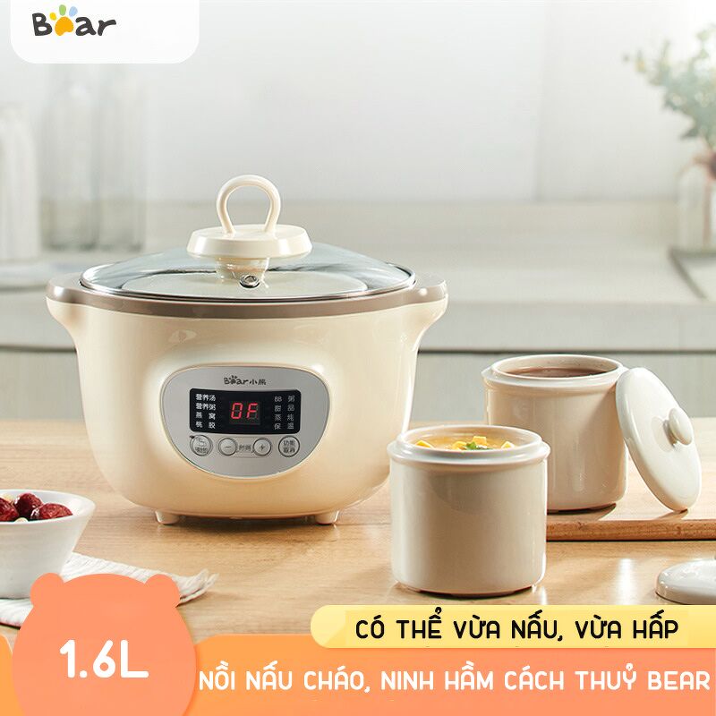 Nồi nấu cháo, ninh hầm cách thuỷ Bear 1.6L có thể vừa nấu vừa hấp củ quả