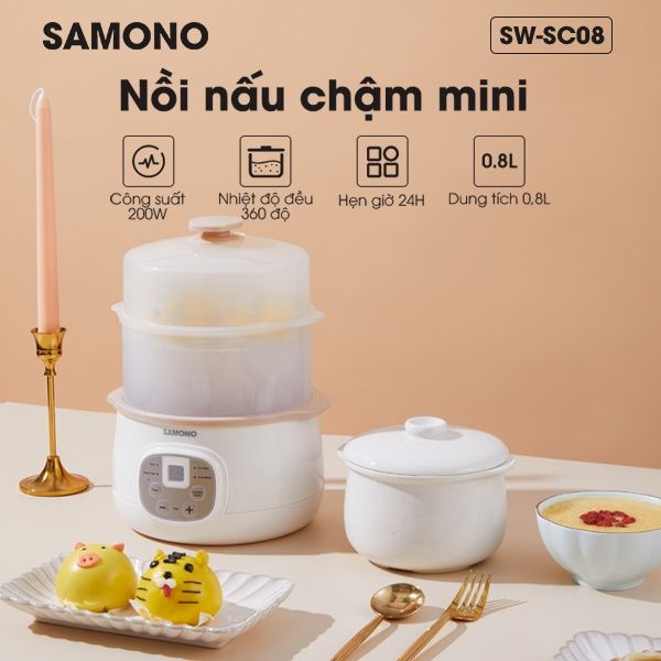 Nồi nấu cháo chậm cho bé đa năng 4in1 SAMONO SW-SC08 dung tích 0.8L phiên bản quốc tế chính hãng