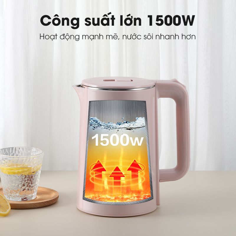 Ấm đun siêu tốc SAMONO SW-EKP13 hai lớp chống nhiệt cao cấp hồng pastel ngọt ngào