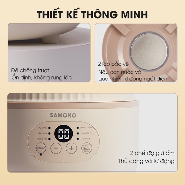 Nồi nấu chậm nấu cháo, ninh, hầm, chưng yến 6in1 SAMONO SW-SCB08 cho bé ăn dặm