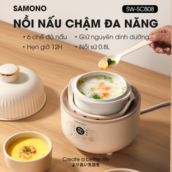 Nồi nấu chậm nấu cháo, ninh, hầm, chưng yến 6in1 SAMONO SW-SCB08 cho bé ăn dặm