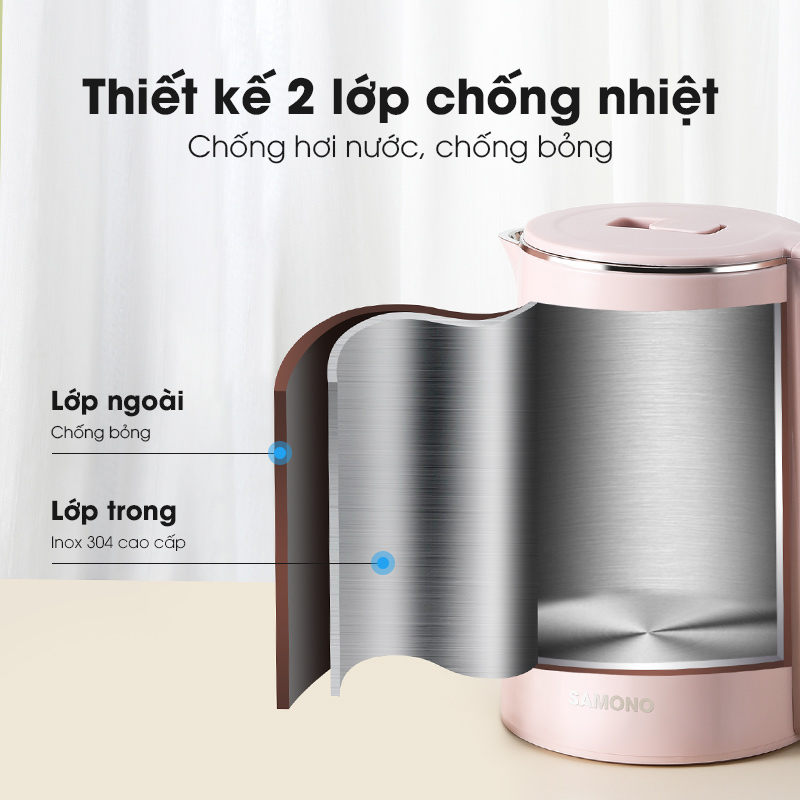 Ấm đun siêu tốc SAMONO SW-EKP13 hai lớp chống nhiệt cao cấp hồng pastel ngọt ngào