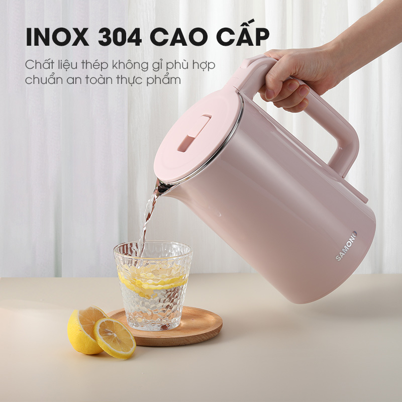 Ấm đun siêu tốc SAMONO SW-EKP13 hai lớp chống nhiệt cao cấp hồng pastel ngọt ngào