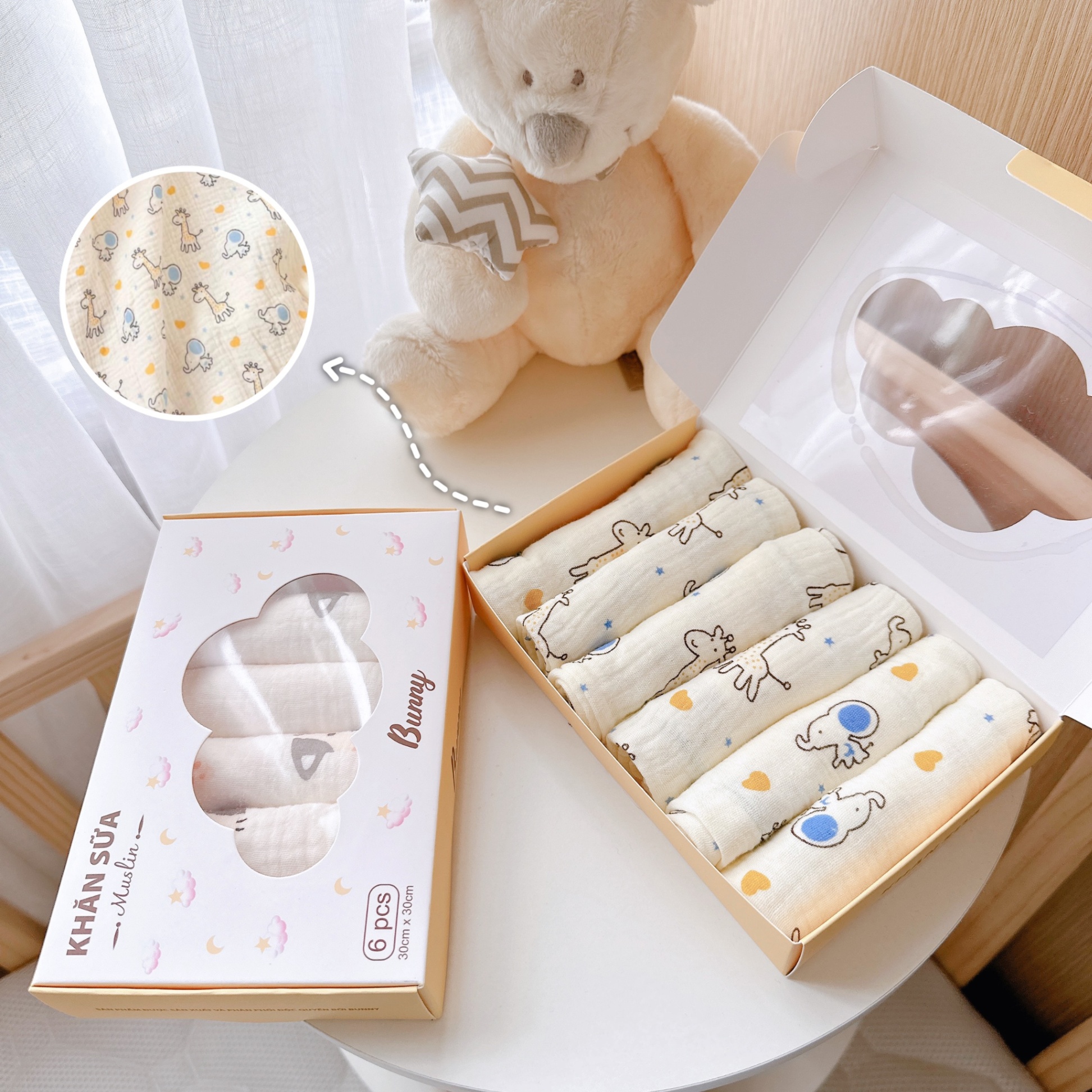 Set 6 khăn sữa vải xô Muslin Bunny 100% Organic 2 lớp dày dặn, thấm hút, kháng khuẩn siêu mềm mịn cho bé sơ sinh