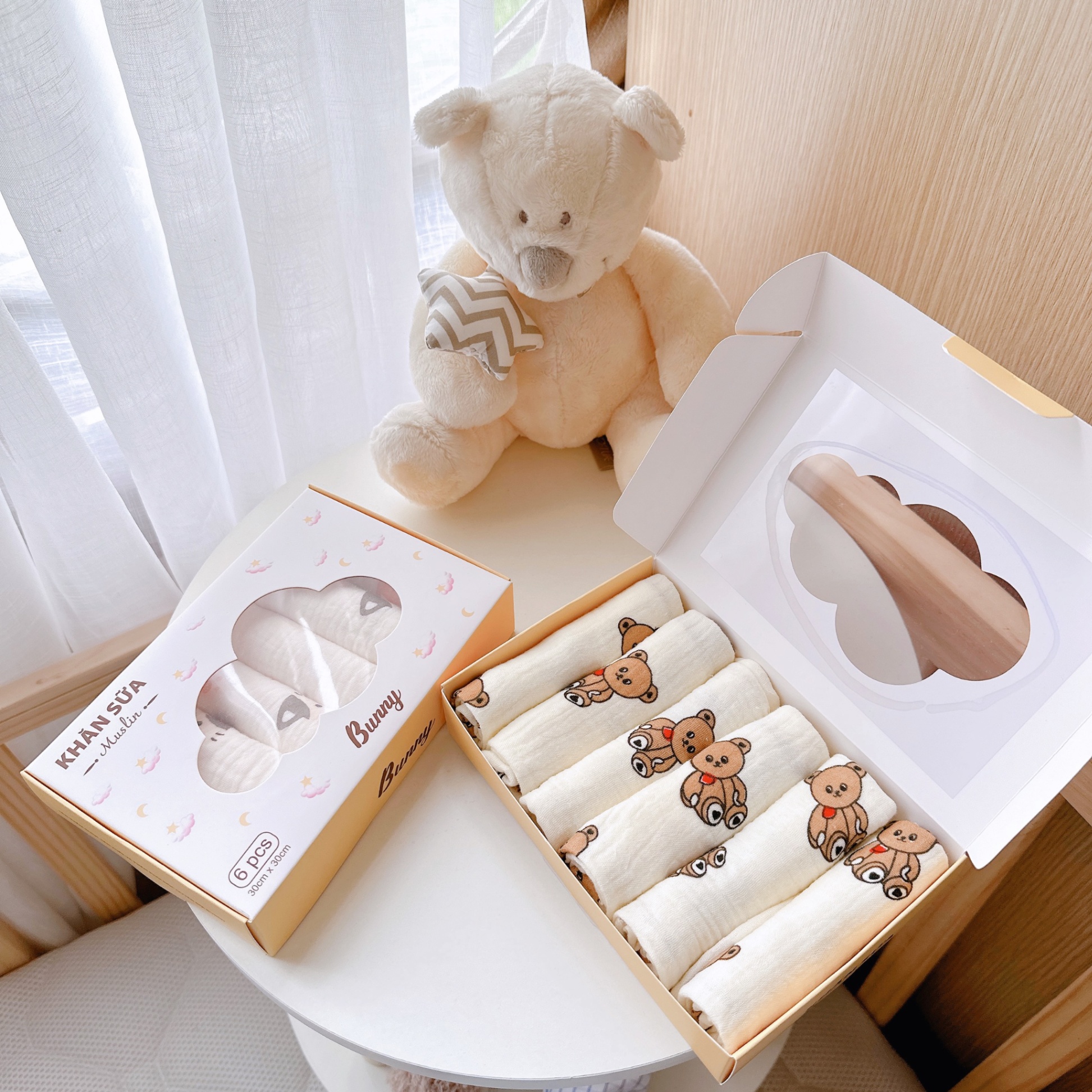 Set 6 khăn sữa vải xô Muslin Bunny 100% Organic 2 lớp dày dặn, thấm hút, kháng khuẩn siêu mềm mịn cho bé sơ sinh