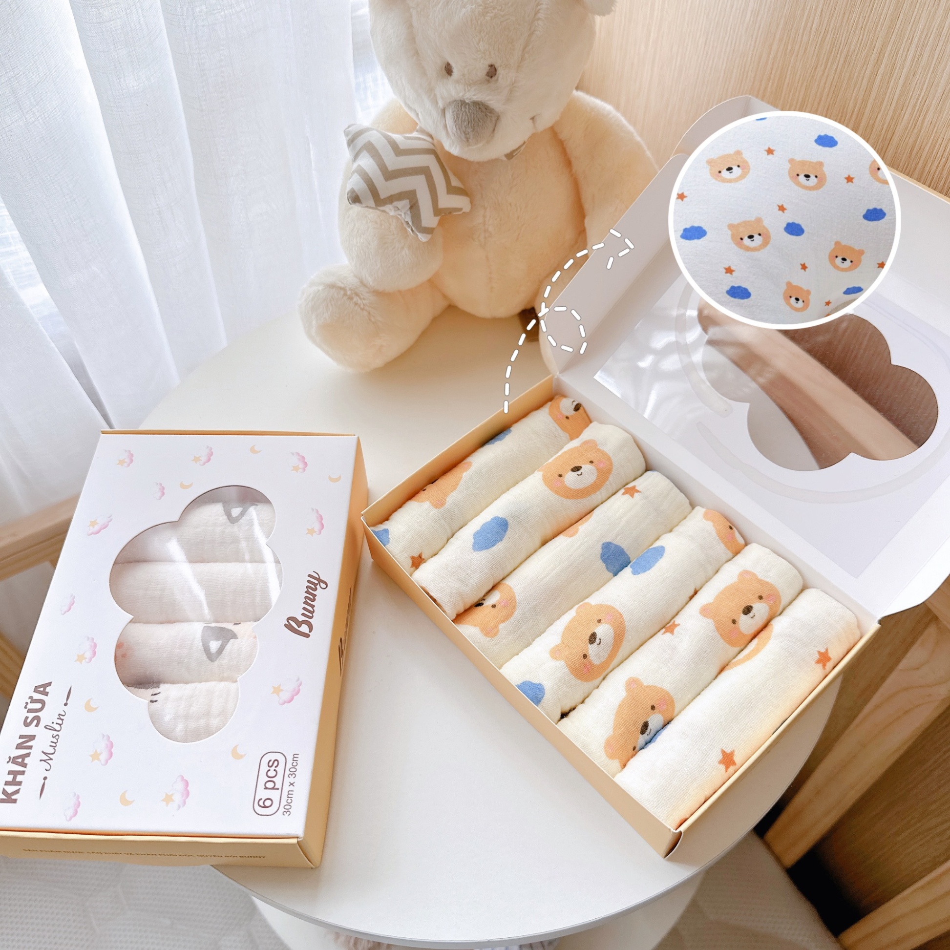 Set 6 khăn sữa vải xô Muslin Bunny 100% Organic 2 lớp dày dặn, thấm hút, kháng khuẩn siêu mềm mịn cho bé sơ sinh