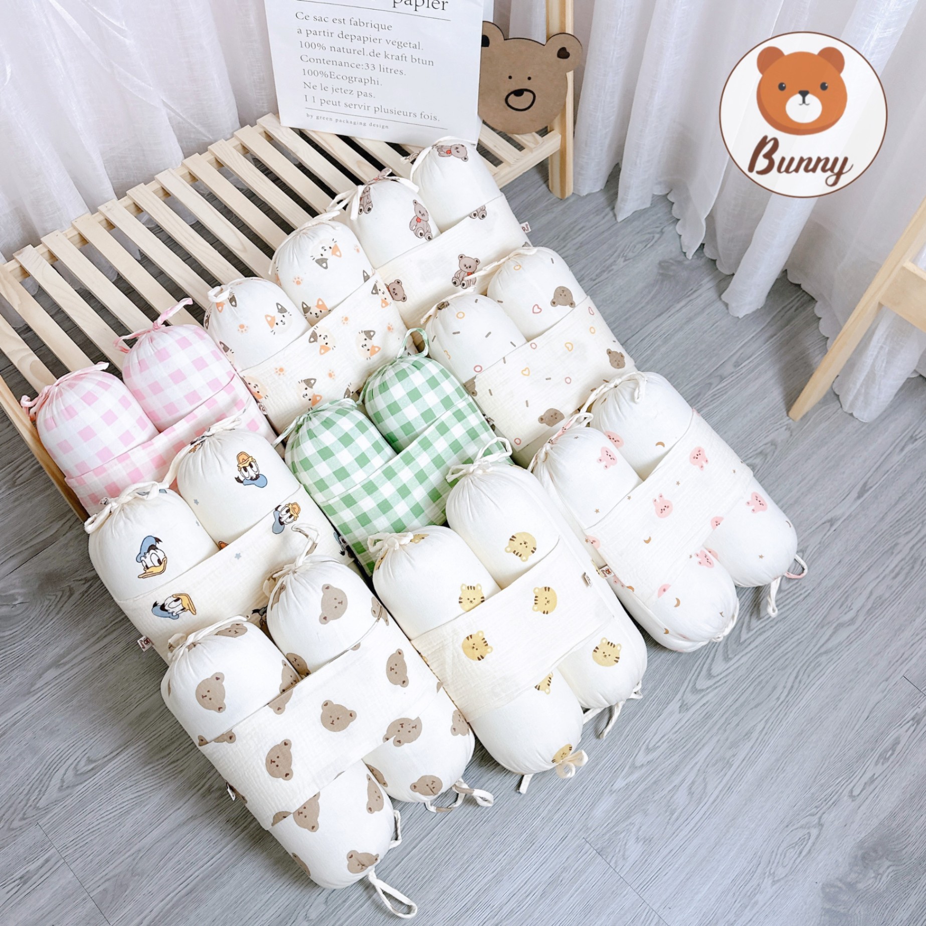 Gối Chặn Cho Bé Sơ Sinh Bunny Chất Xô Muslin Ruột Bông Tự Nhiên Siêu Mềm Mại Gối Chặn Chống Giật Mình