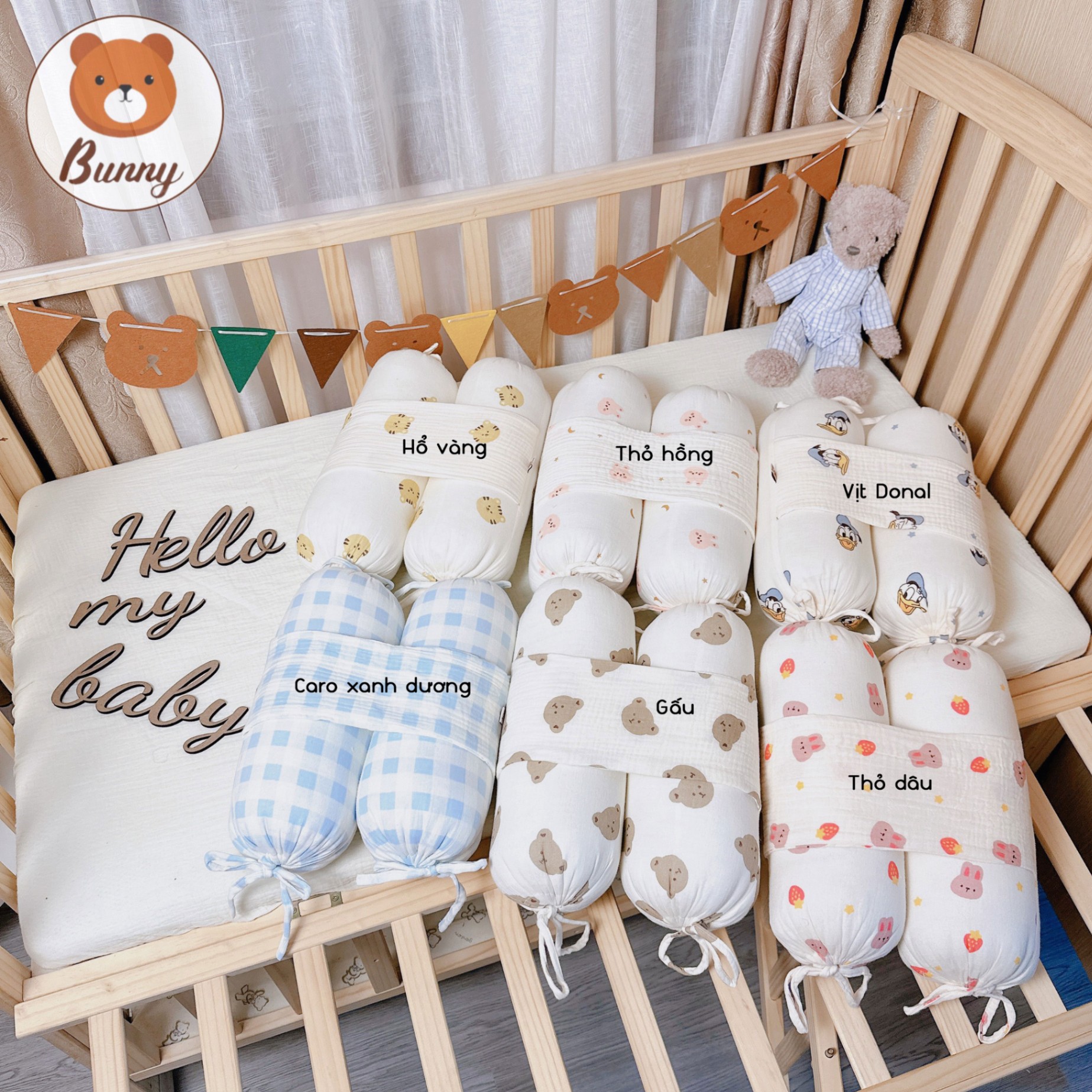 Gối Chặn Cho Bé Sơ Sinh Bunny Chất Xô Muslin Ruột Bông Tự Nhiên Siêu Mềm Mại Gối Chặn Chống Giật Mình