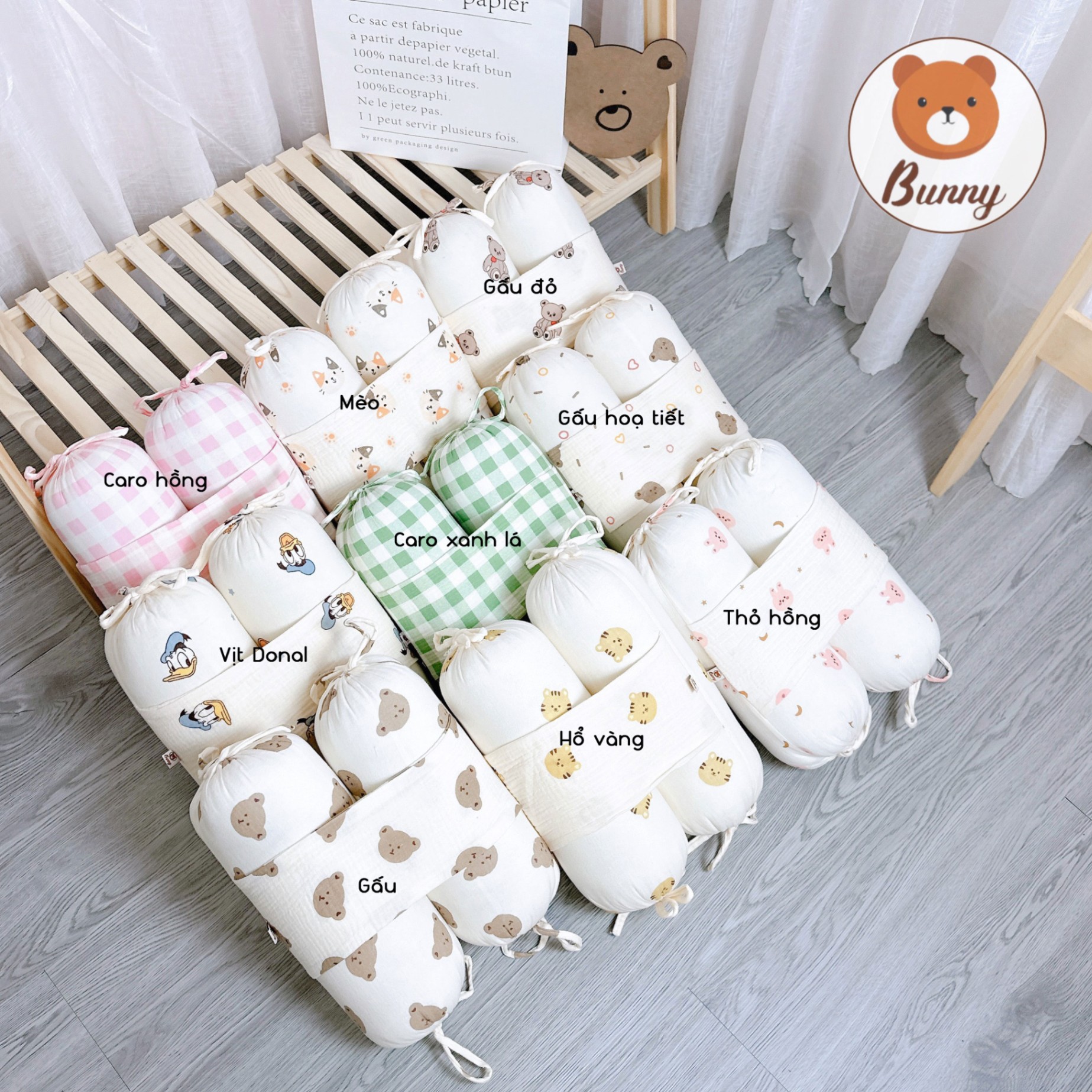 Gối Chặn Cho Bé Sơ Sinh Bunny Chất Xô Muslin Ruột Bông Tự Nhiên Siêu Mềm Mại Gối Chặn Chống Giật Mình