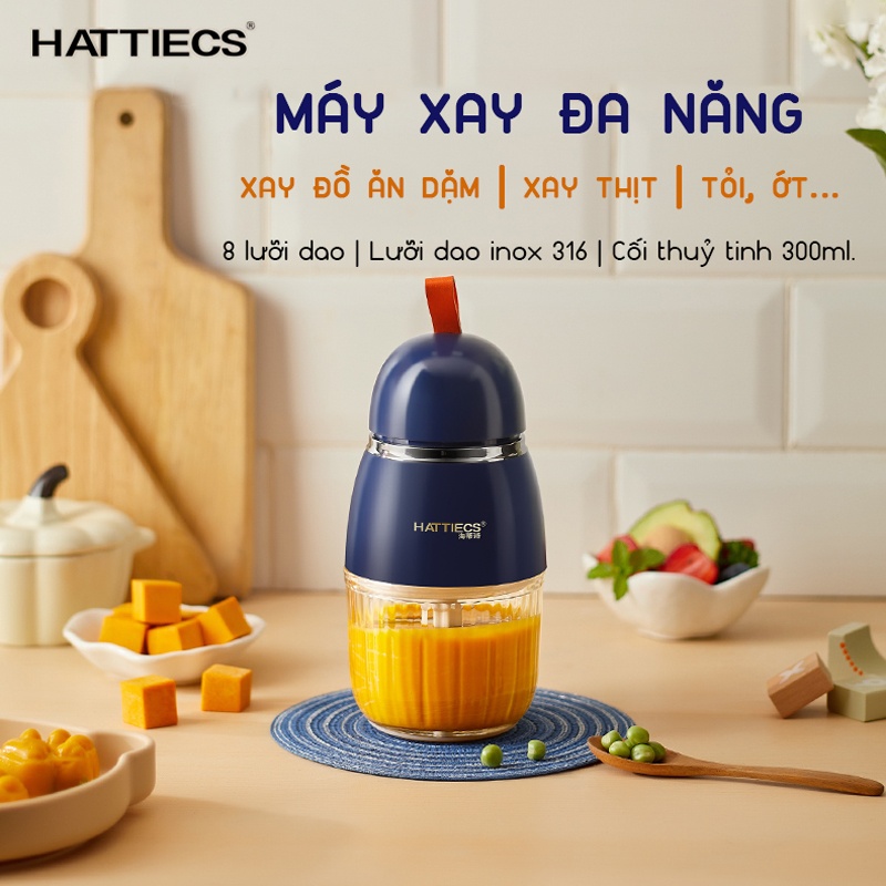 Máy xay cầm tay đa năng Hattiecs HCP-A7 với 8 lưỡi cối 300ML máy xay cháo, thịt cá, rau củ quả cho bé ăn dặm