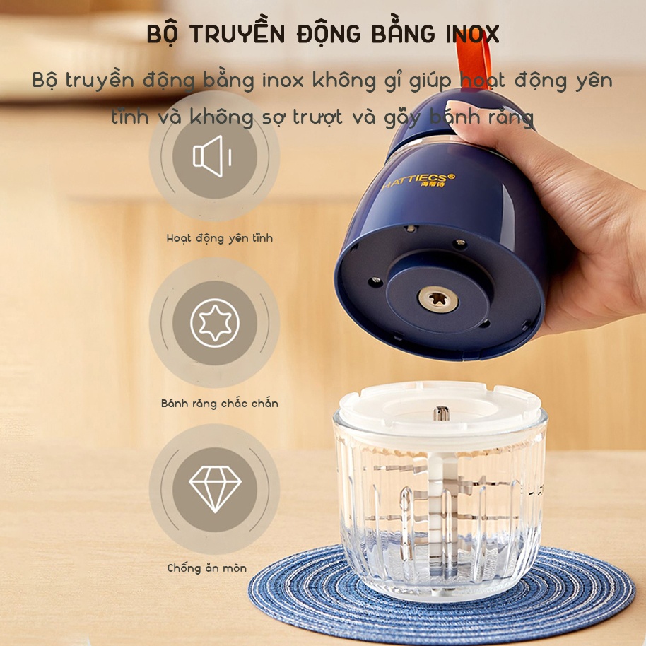 Máy xay cầm tay đa năng Hattiecs HCP-A7 với 8 lưỡi cối 300ML máy xay cháo, thịt cá, rau củ quả cho bé ăn dặm