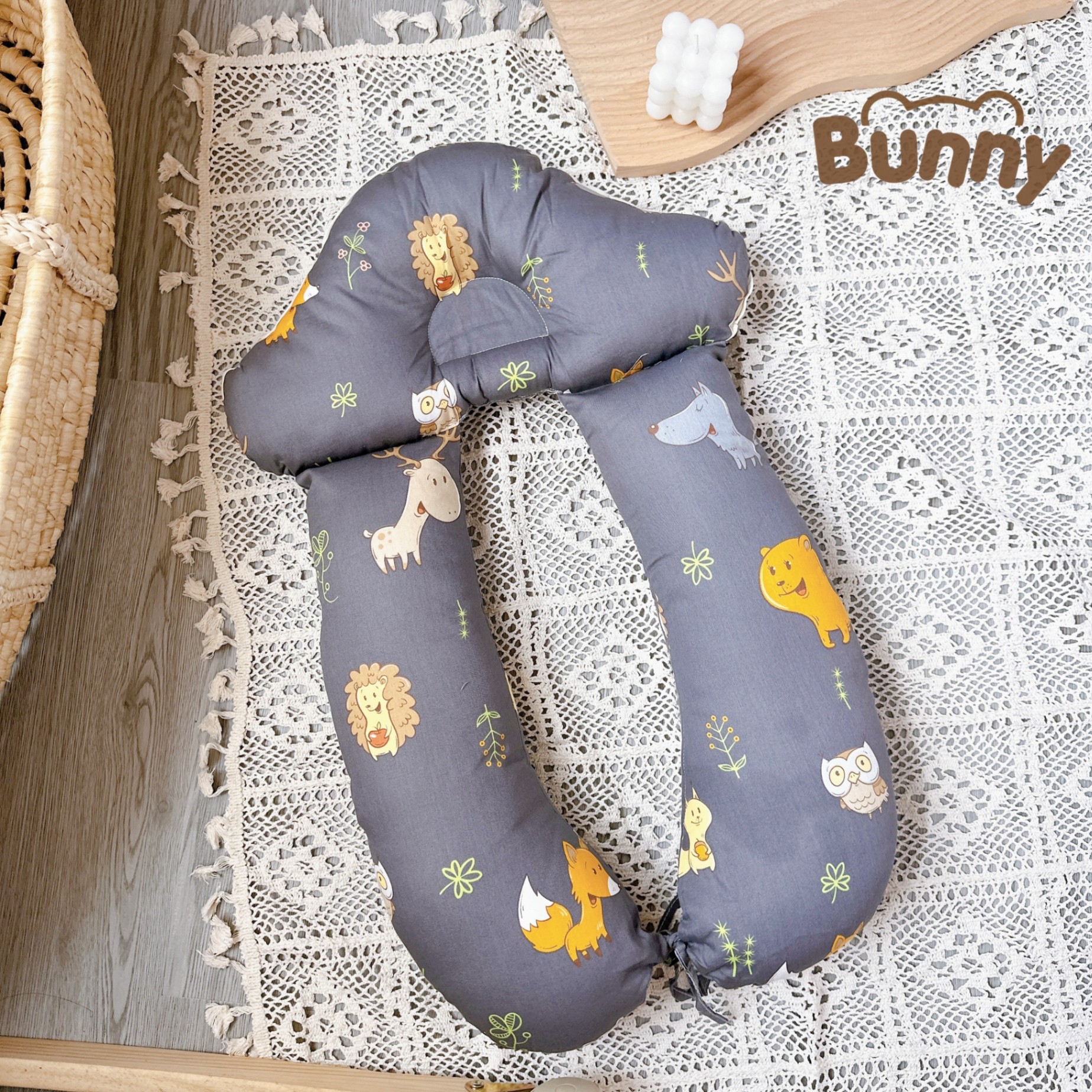 Gối chữ U đa năng Bunny hình nấm chống giật mình cho bé, định hình chống bẹp đầu cho trẻ sơ sinh vừa làm gối ôm, gối chặn