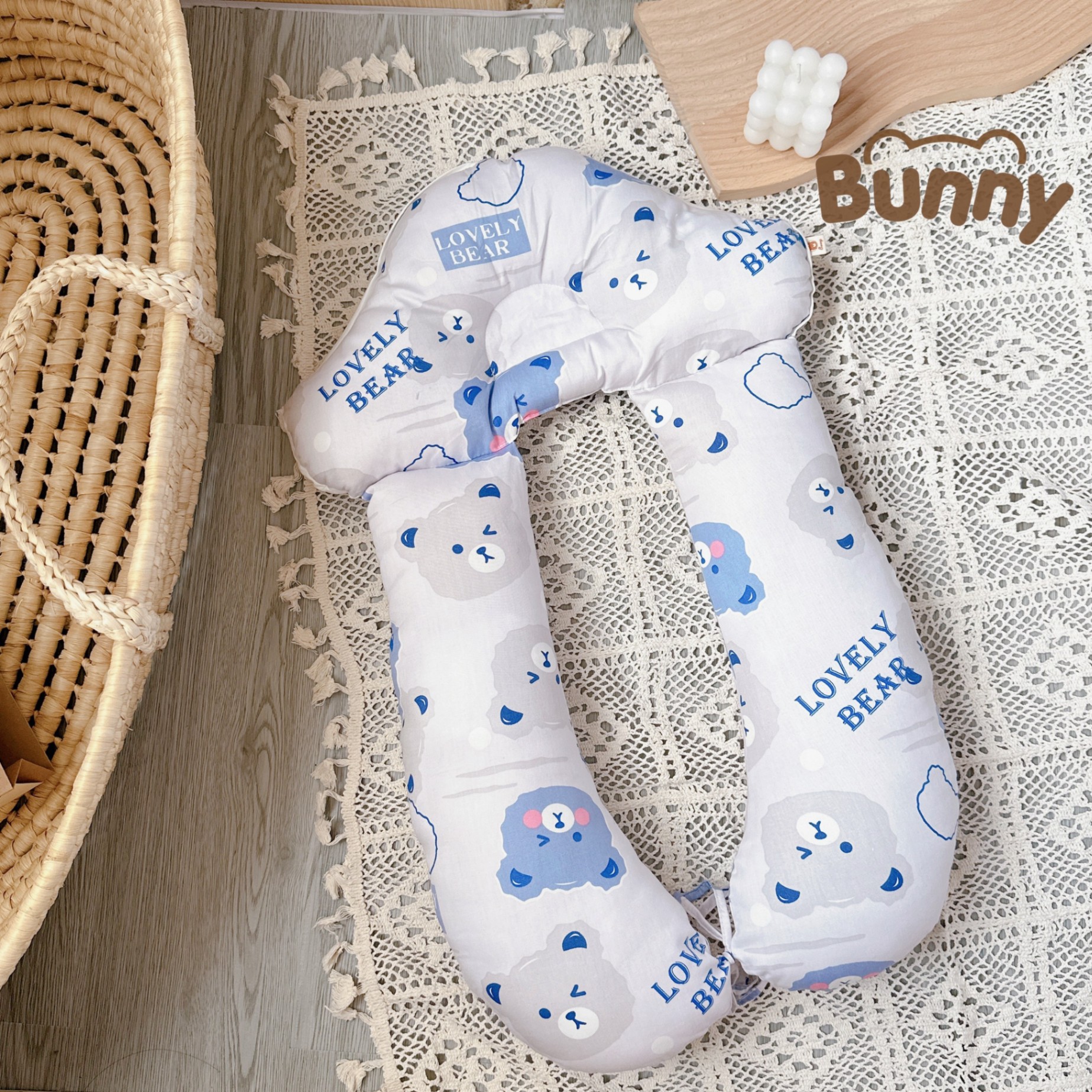 Gối chữ U đa năng Bunny hình nấm chống giật mình cho bé, định hình chống bẹp đầu cho trẻ sơ sinh vừa làm gối ôm, gối chặn