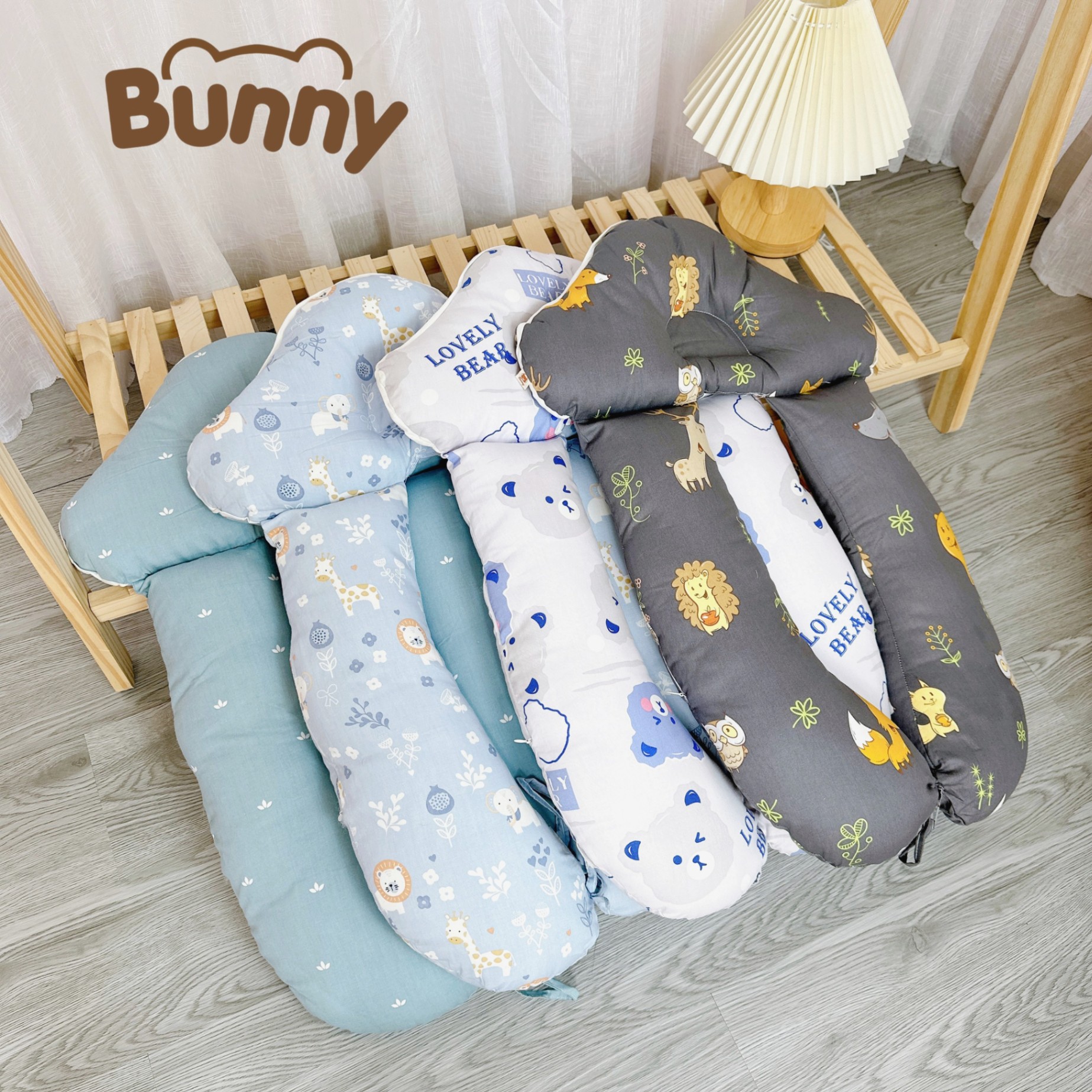 Gối chữ U đa năng Bunny hình nấm chống giật mình cho bé, định hình chống bẹp đầu cho trẻ sơ sinh vừa làm gối ôm, gối chặn