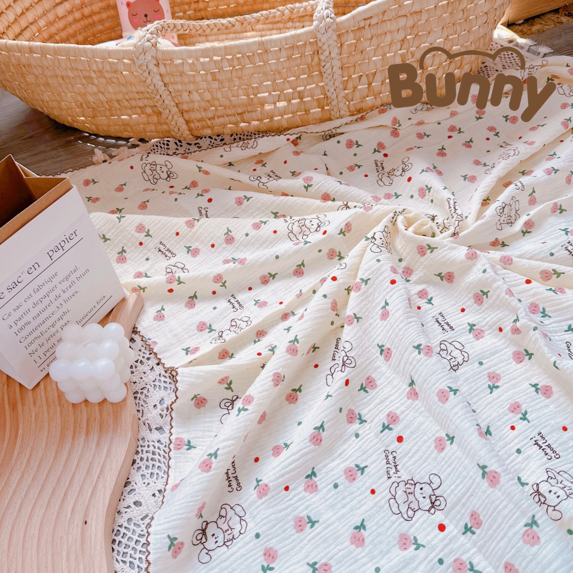 Khăn đa năng cho bé Bunny sợi tre vải xô Muslin 2 lớp làm khăn tắm, khăn quấn, chăn mỏng kích thước 1mx1m