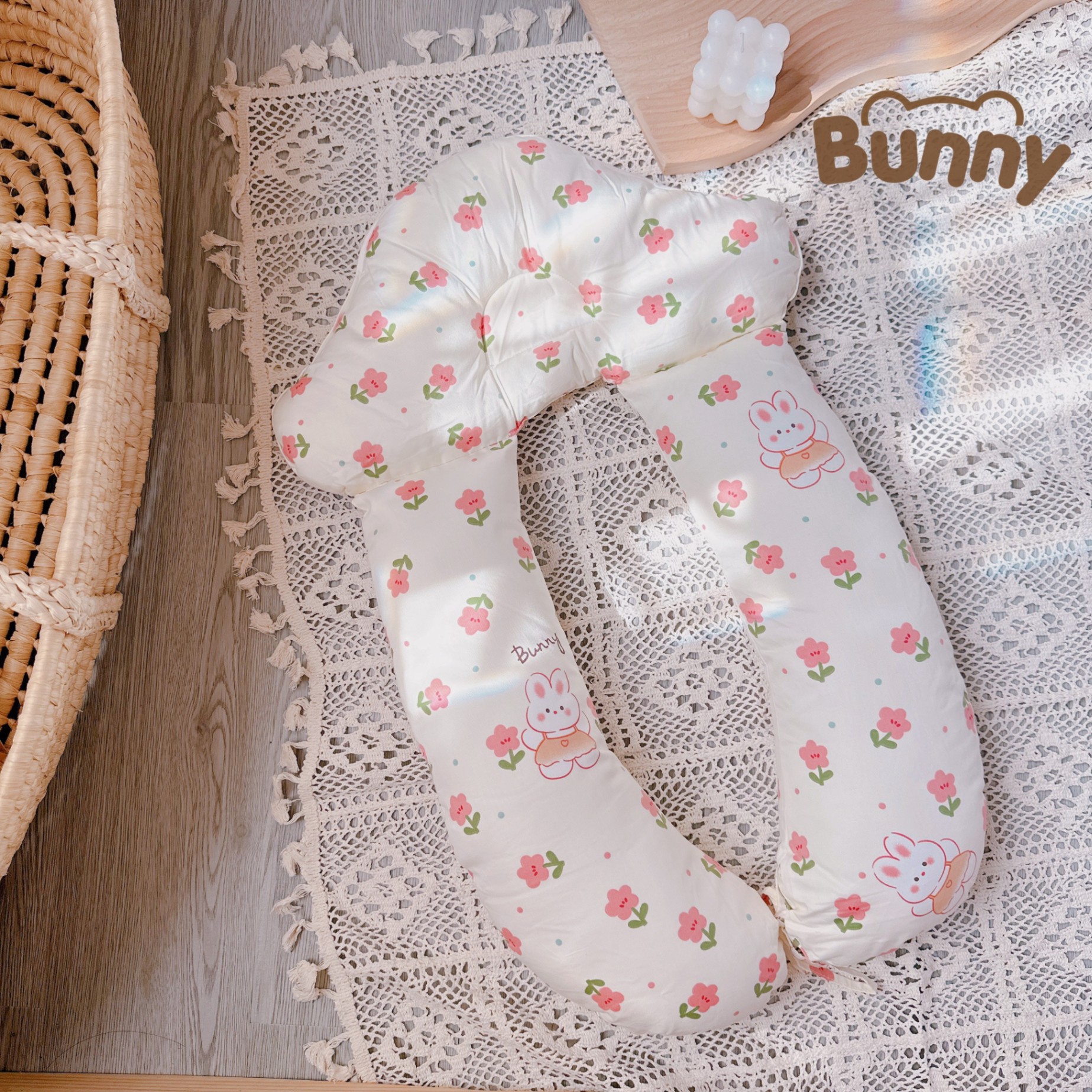 Gối chữ U đa năng Bunny hình nấm chống giật mình cho bé, định hình chống bẹp đầu cho trẻ sơ sinh vừa làm gối ôm, gối chặn