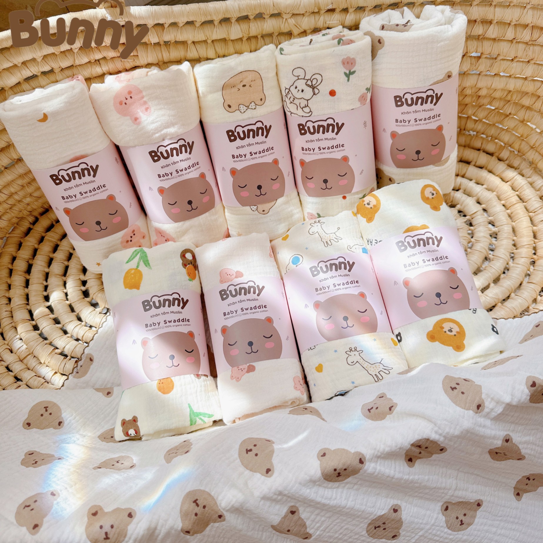 Khăn đa năng cho bé Bunny sợi tre vải xô Muslin 2 lớp làm khăn tắm, khăn quấn, chăn mỏng kích thước 1mx1m