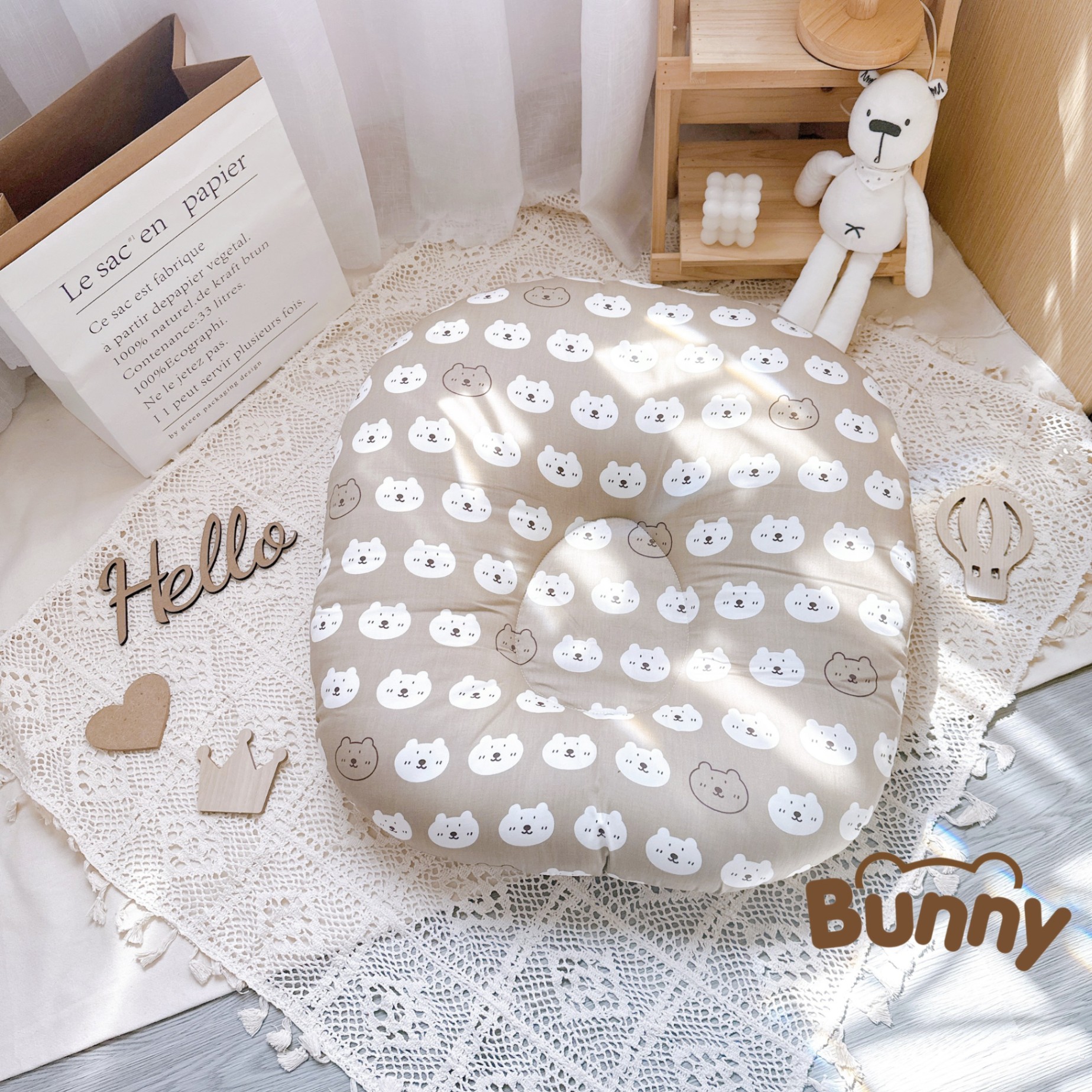 Gối chống trào ngược cho bé Bunny cao cấp vải Cotton Hàn chống nôn trớ an toàn cho bé kích thước 70x70x20cm