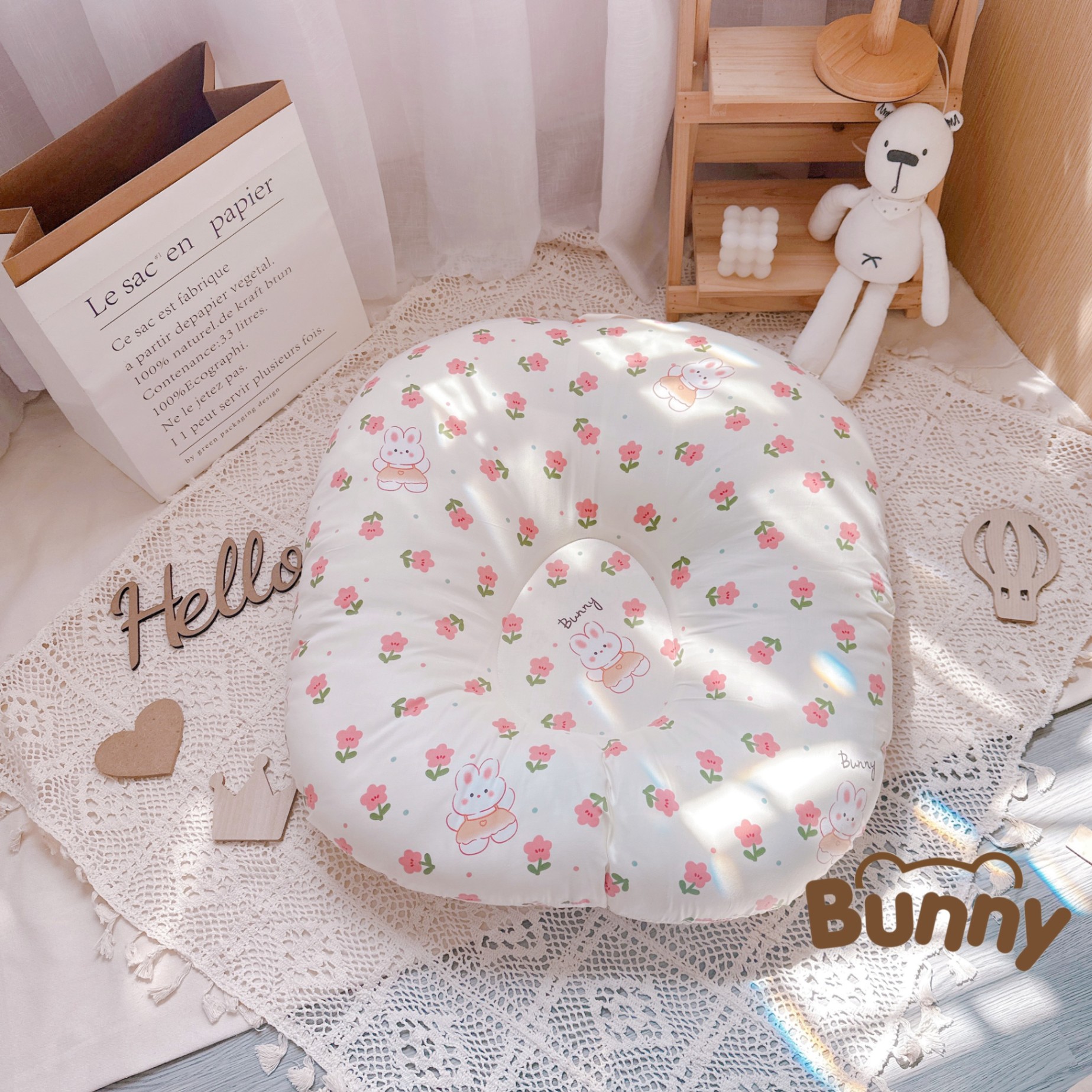 Gối chống trào ngược cho bé Bunny cao cấp vải Cotton Hàn chống nôn trớ an toàn cho bé kích thước 70x70x20cm