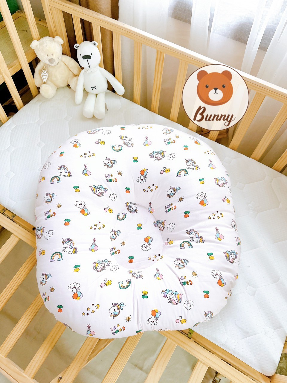 Gối chống trào ngược cho bé Bunny cao cấp vải Cotton Hàn chống nôn trớ an toàn cho bé kích thước 70x70x20cm