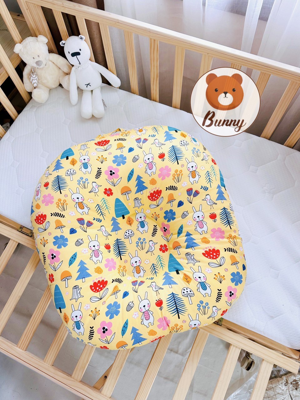 Gối chống trào ngược cho bé Bunny cao cấp vải Cotton Hàn chống nôn trớ an toàn cho bé kích thước 70x70x20cm