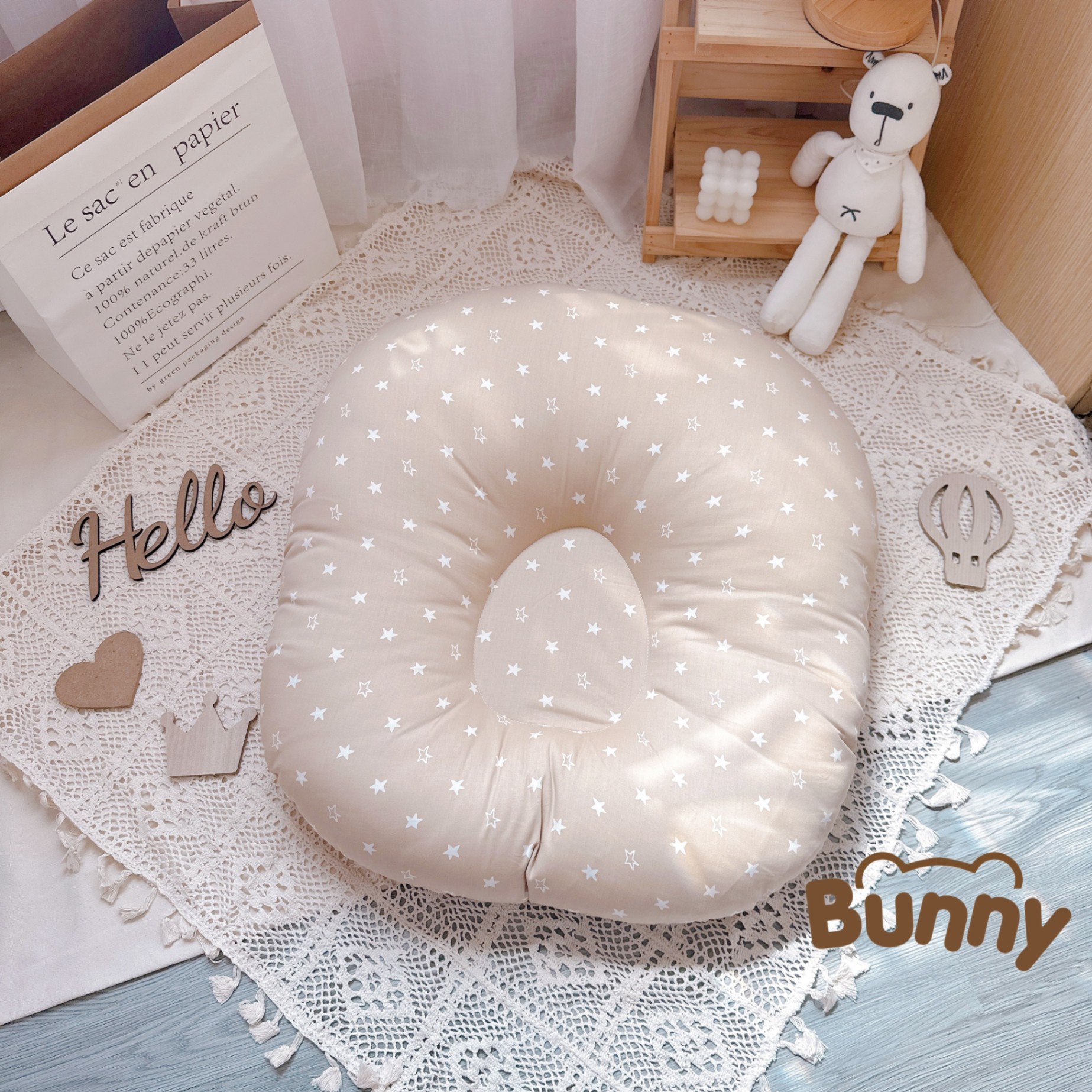 Gối chống trào ngược cho bé Bunny cao cấp vải Cotton Hàn chống nôn trớ an toàn cho bé kích thước 70x70x20cm