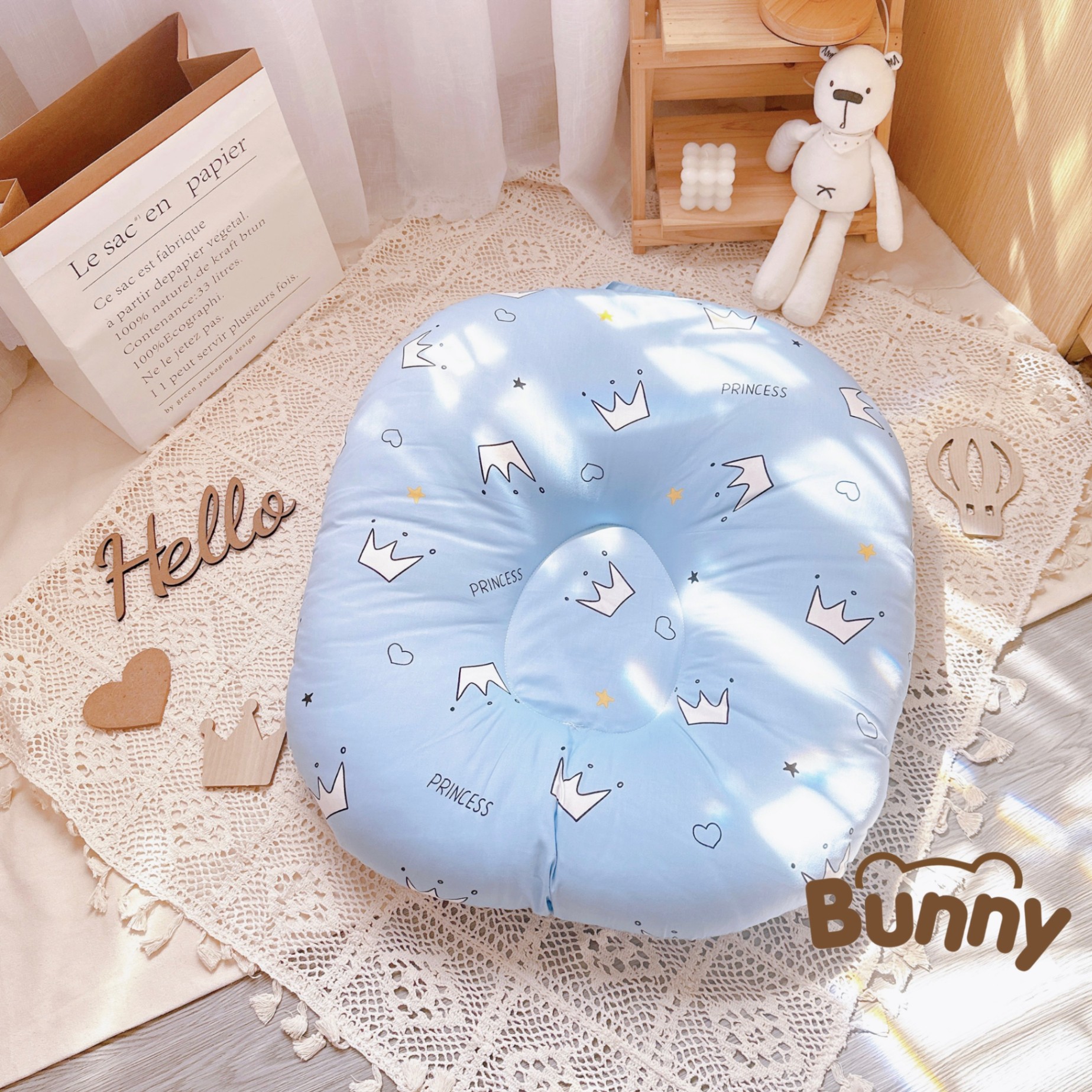 Gối chống trào ngược cho bé Bunny cao cấp vải Cotton Hàn chống nôn trớ an toàn cho bé kích thước 70x70x20cm