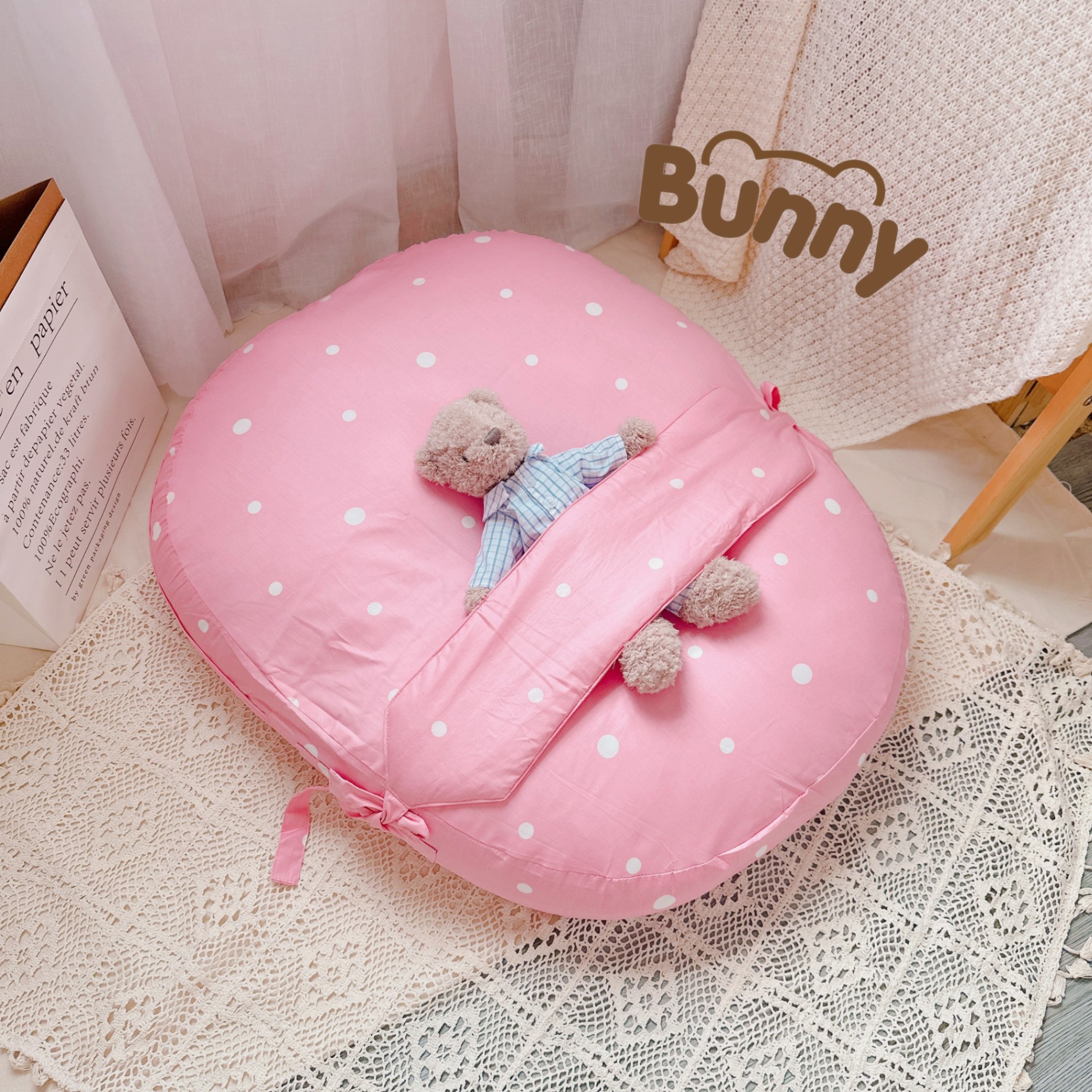 Gối chống trào ngược cho bé kèm đai Bunny vải Cotton Hàn chống giật mình, chống nôn trớ trào ngược dạ dày kích thước 65 x 80cm