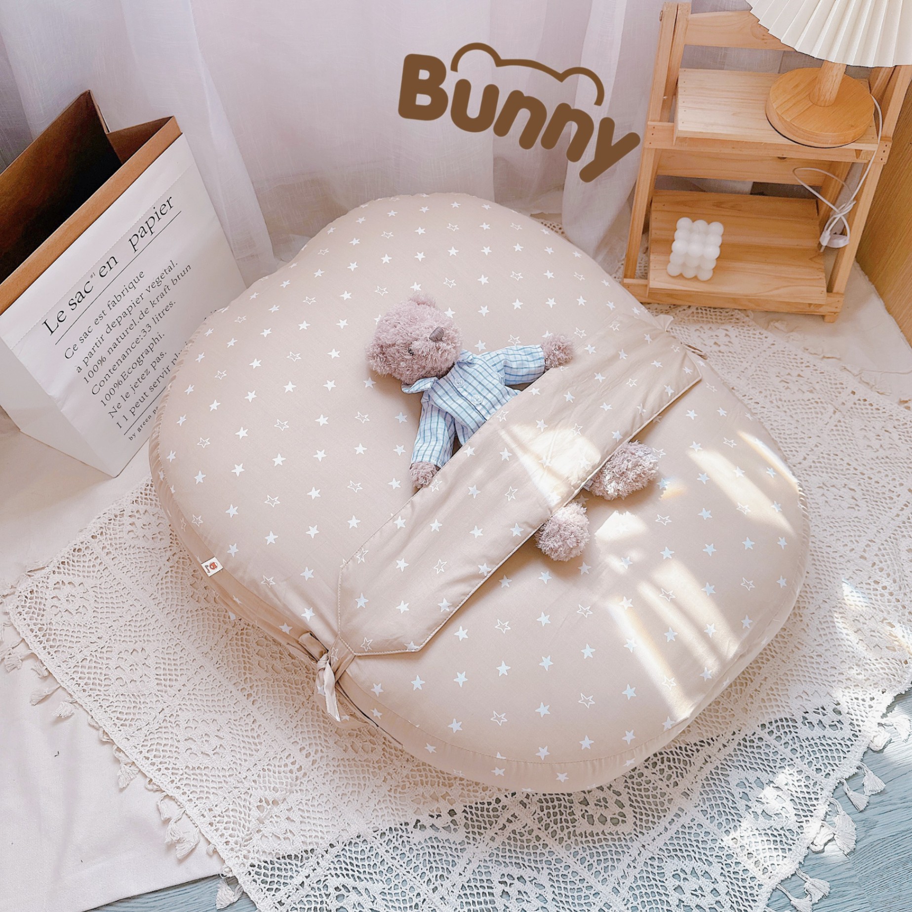 Gối chống trào ngược cho bé kèm đai Bunny vải Cotton Hàn chống giật mình, chống nôn trớ trào ngược dạ dày kích thước 65 x 80cm