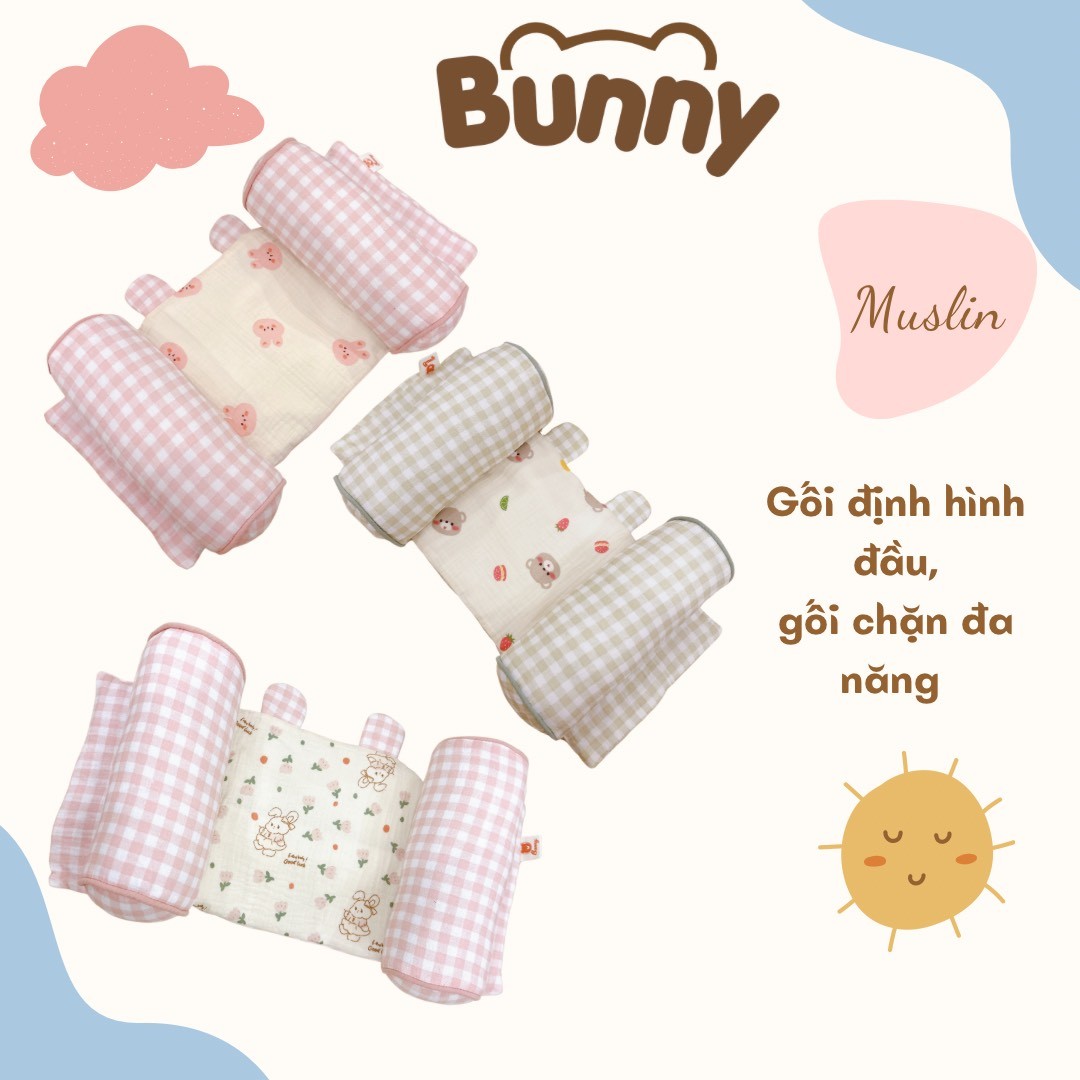 Gối định hình đầu cho bé Bunny vải xô Muslin cao cấp, gối chống méo đầu, gối chặn đa năng cho trẻ sơ sinh