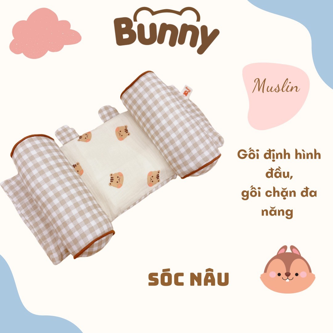 Gối định hình đầu cho bé Bunny vải xô Muslin cao cấp, gối chống méo đầu, gối chặn đa năng cho trẻ sơ sinh