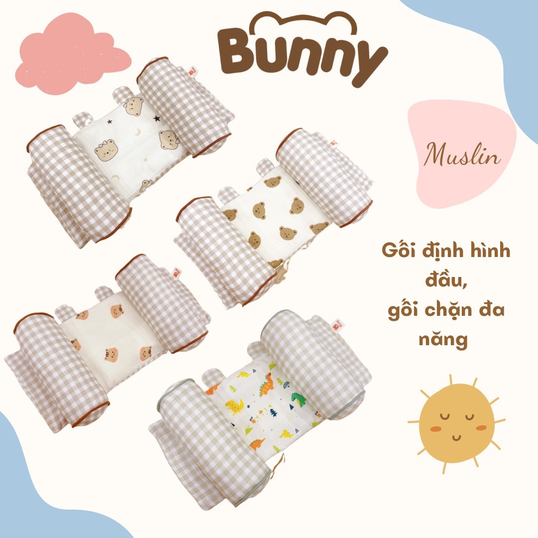 Gối định hình đầu cho bé Bunny vải xô Muslin cao cấp, gối chống méo đầu, gối chặn đa năng cho trẻ sơ sinh