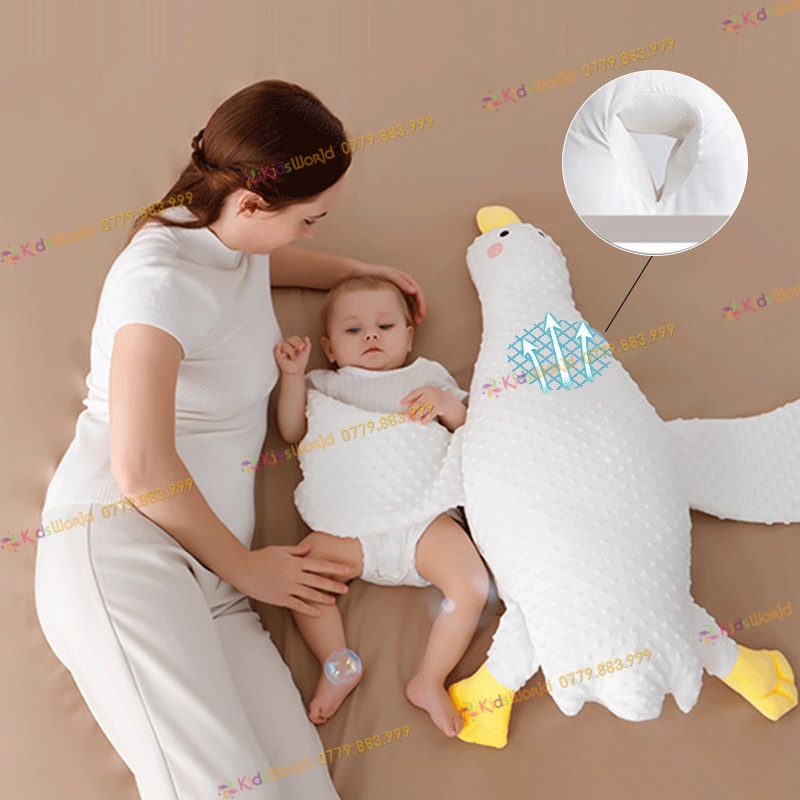 Gối vịt trắng nằm sấp cho bé KidsWorld chống đau bụng đầy hơi, chất liệu ruột bông PP mềm mại, lỗ thở thoáng khí