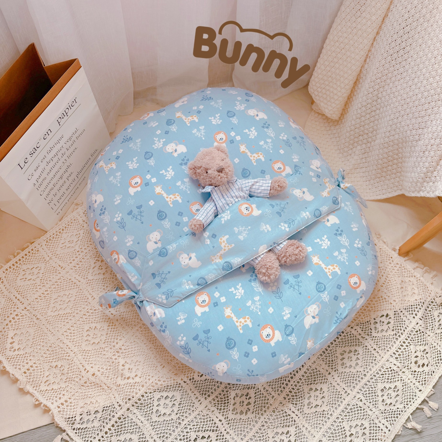 Gối chống trào ngược cho bé kèm đai Bunny vải Cotton Hàn chống giật mình, chống nôn trớ trào ngược dạ dày kích thước 65 x 80cm