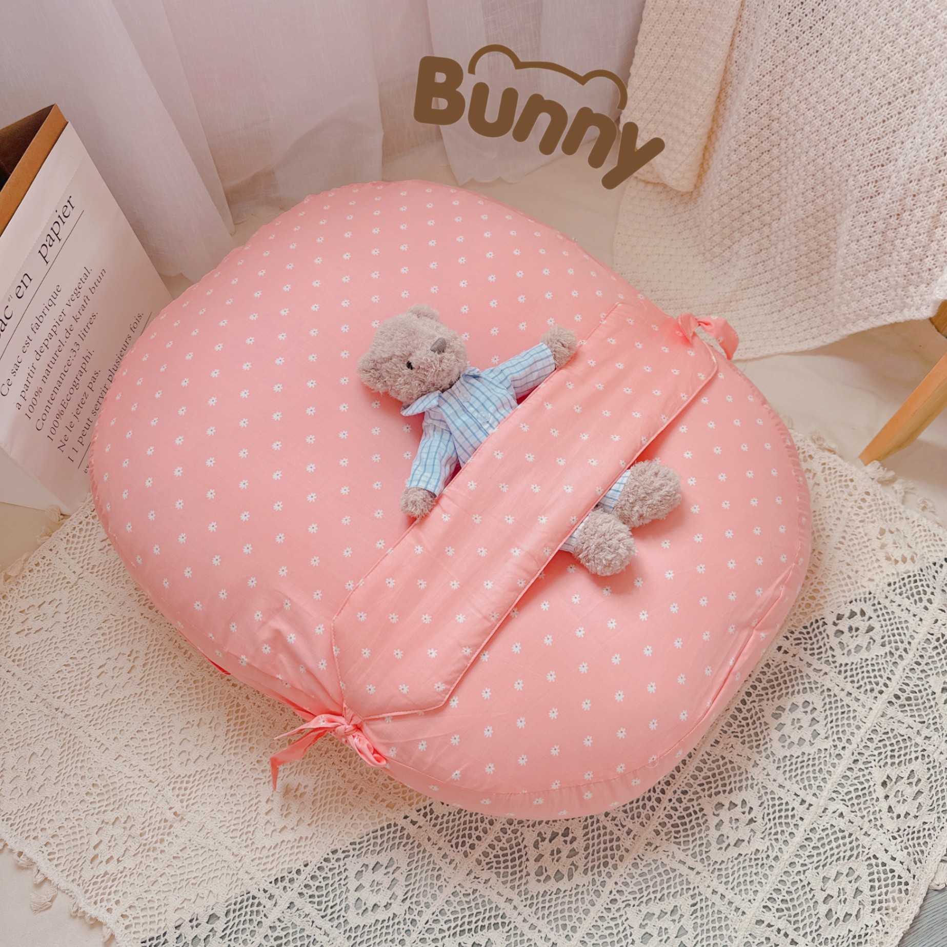 Gối chống trào ngược cho bé kèm đai Bunny vải Cotton Hàn chống giật mình, chống nôn trớ trào ngược dạ dày kích thước 65 x 80cm