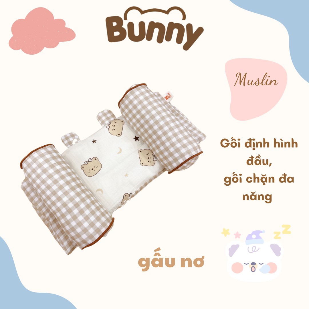 Gối định hình đầu cho bé Bunny vải xô Muslin cao cấp, gối chống méo đầu, gối chặn đa năng cho trẻ sơ sinh