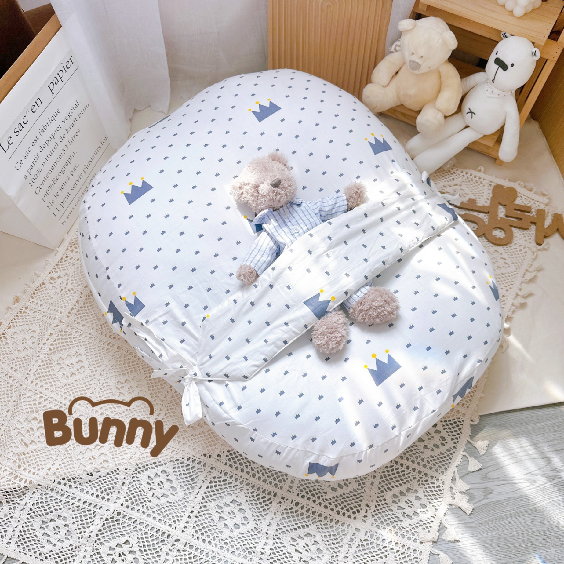 Gối chống trào ngược cho bé kèm đai Bunny vải Cotton Hàn chống giật mình, chống nôn trớ trào ngược dạ dày kích thước 65 x 80cm