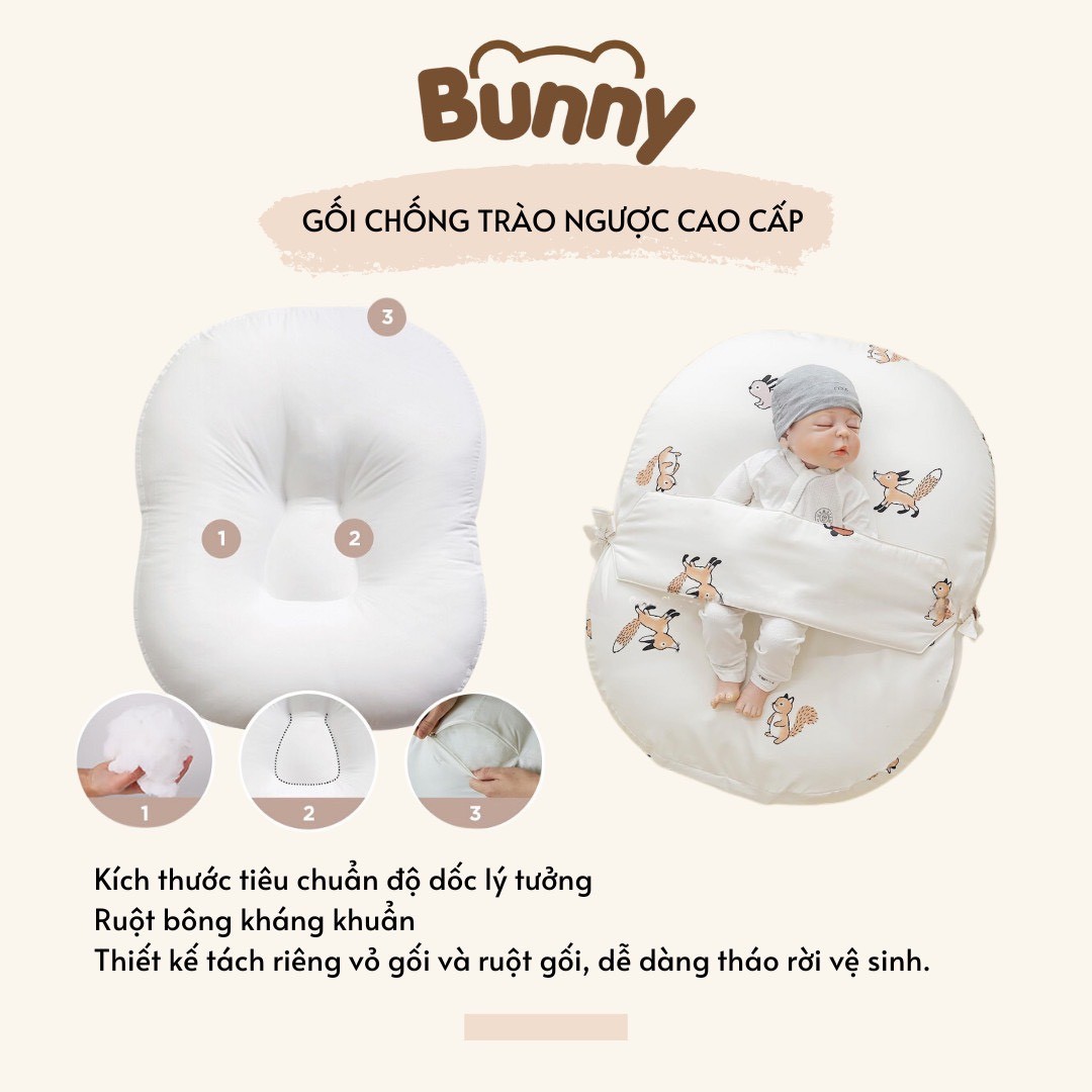 Gối chống trào ngược cho bé kèm đai Bunny vải Cotton Hàn chống giật mình, chống nôn trớ trào ngược dạ dày kích thước 65 x 80cm